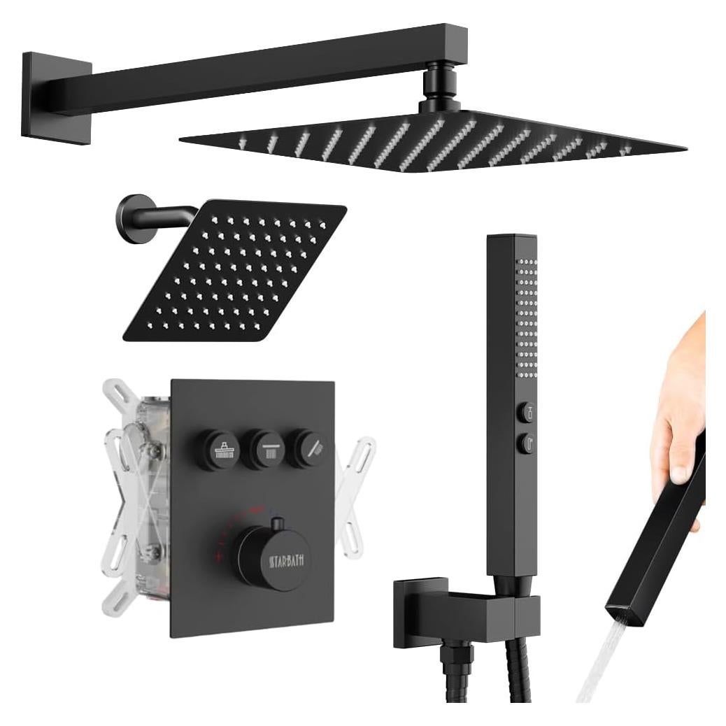 Sistema de Ducha Termostática STARBATH Negro Mate 12" y 6"