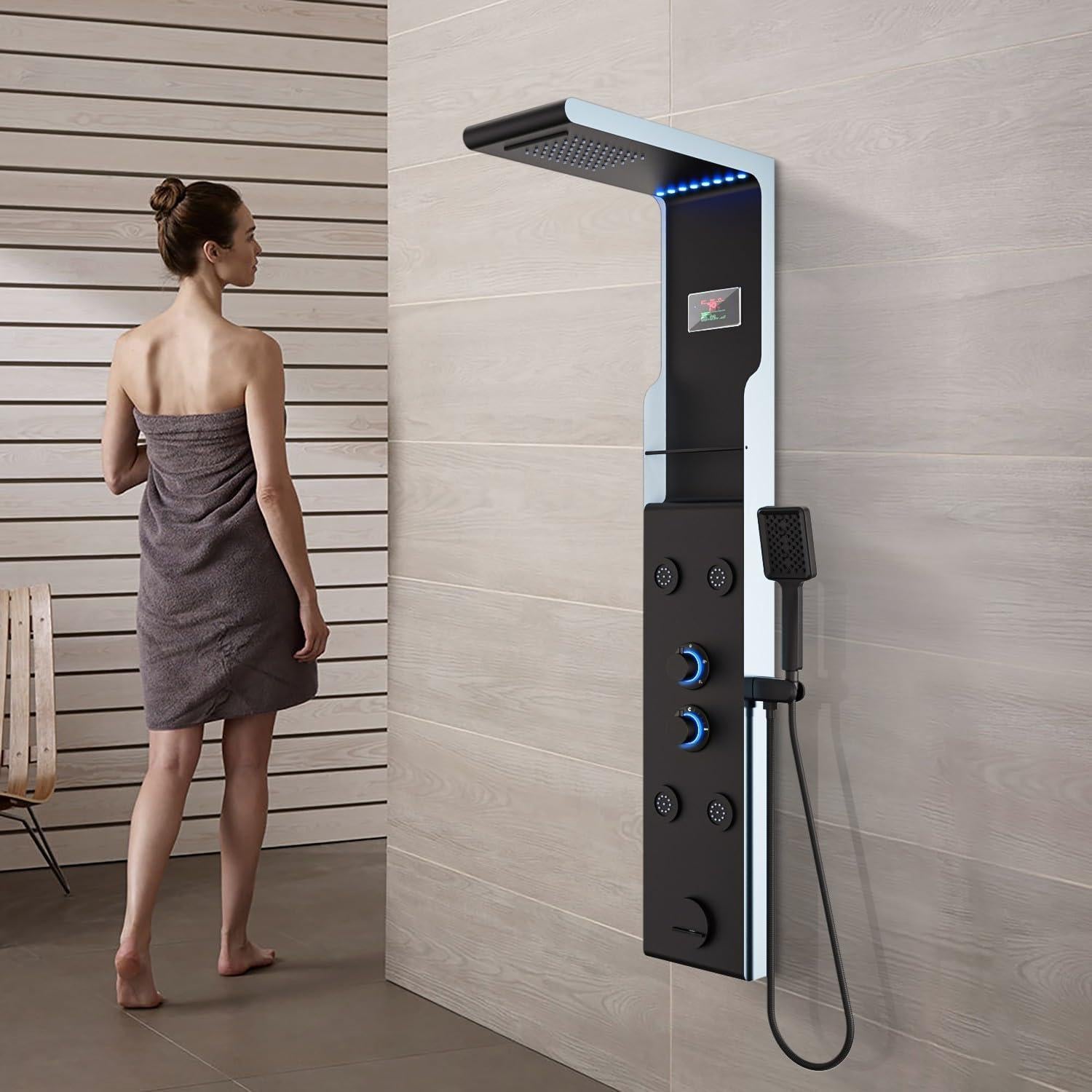 Panel de Ducha LED ELLO&ALLO con Estante y Masaje, Acero Inoxidable