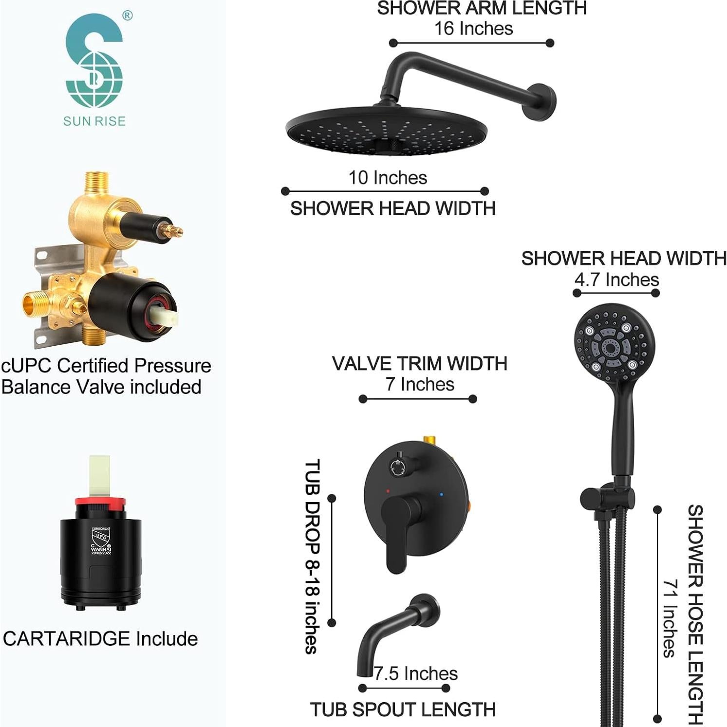 Sistema de Ducha Montado en Pared SR SUN RISE 10" Negro Mate