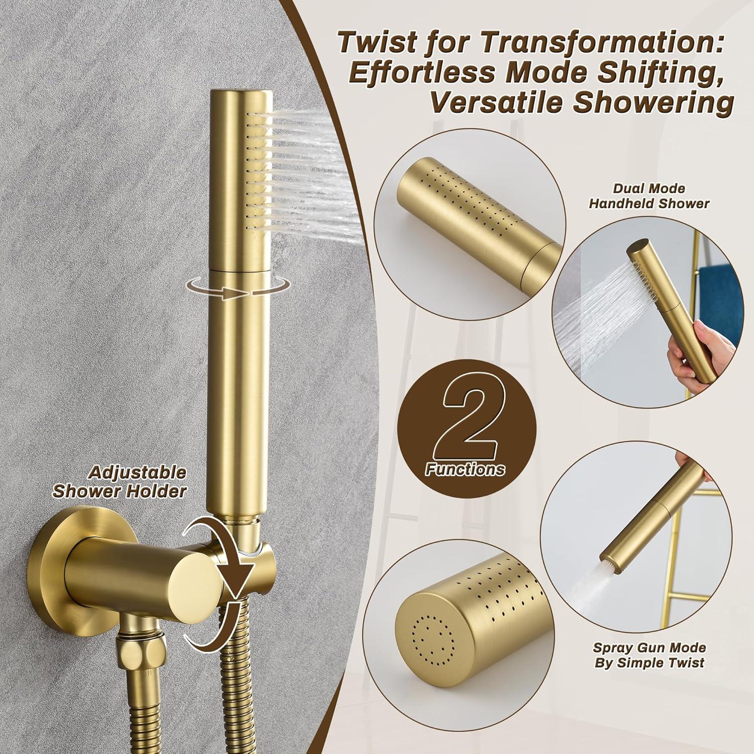 Sistema de Ducha de Lluvia Tomfaucet Oro Cepillado 3 Funciones