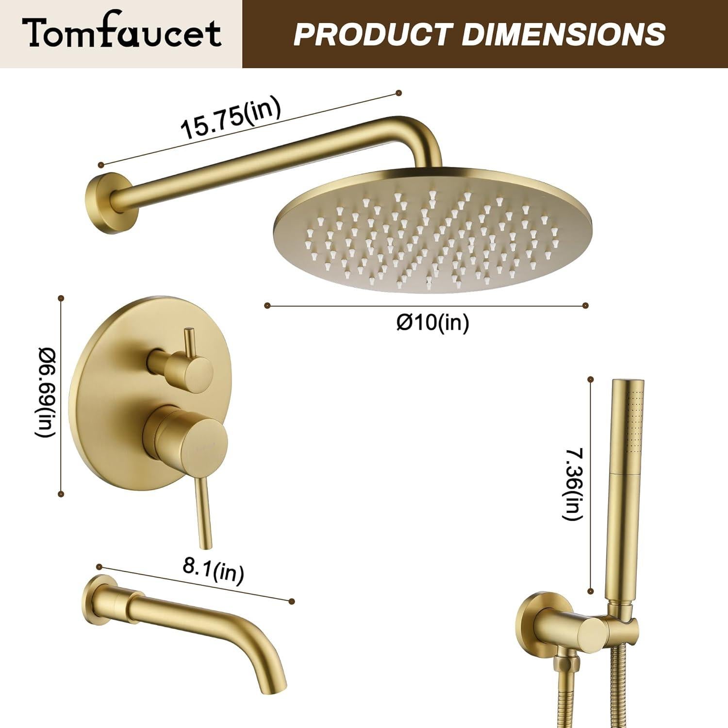 Sistema de Ducha de Lluvia Tomfaucet Oro Cepillado 3 Funciones