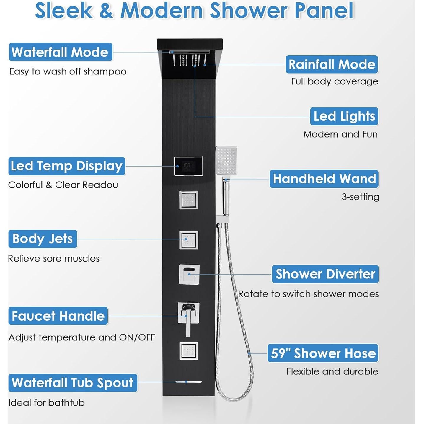 Panel de Ducha ROVOGO con Luces LED y Pantalla Digital - Negro