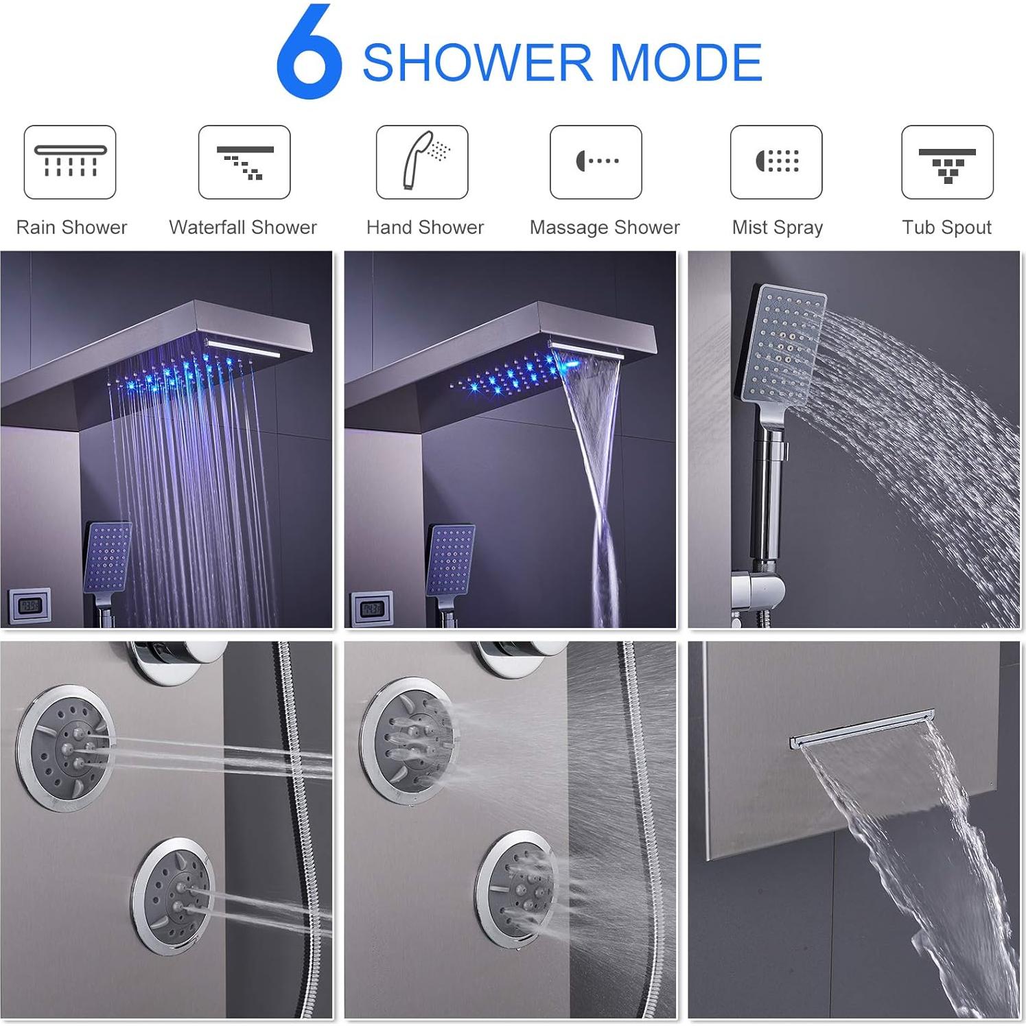 Panel de Ducha LED MENATT 6 en 1 Acero Inoxidable Cepillado