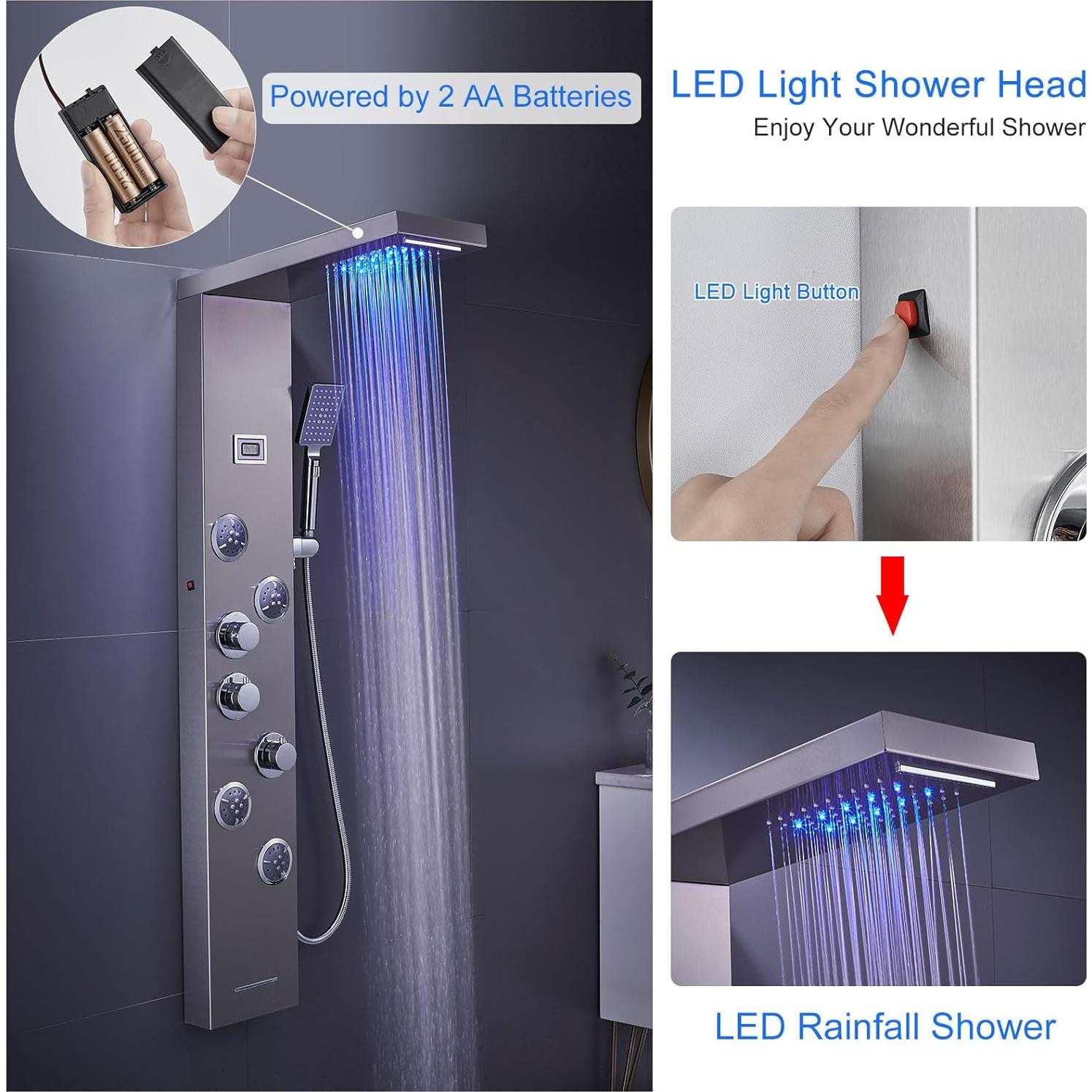 Panel de Ducha LED MENATT 6 en 1 Acero Inoxidable Cepillado
