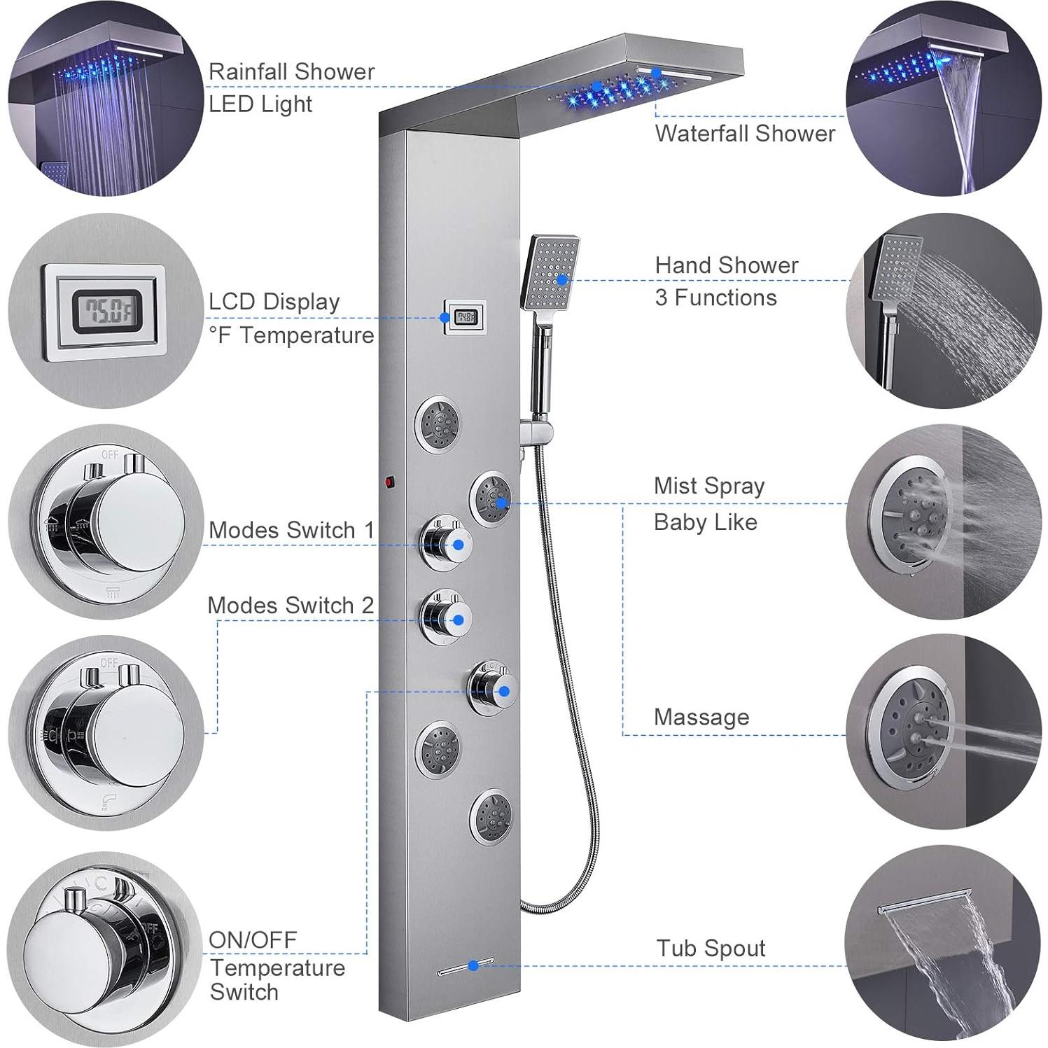 Panel de Ducha LED MENATT 6 en 1 Acero Inoxidable Cepillado