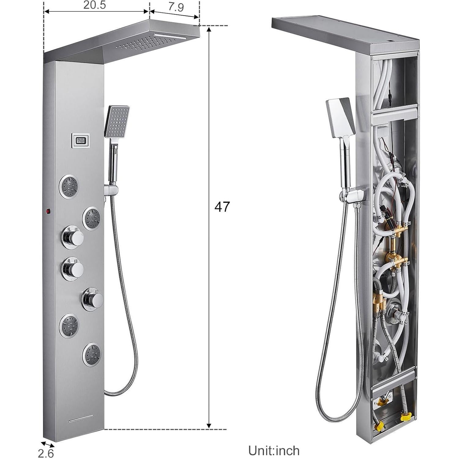 Panel de Ducha LED MENATT 6 en 1 Acero Inoxidable Cepillado