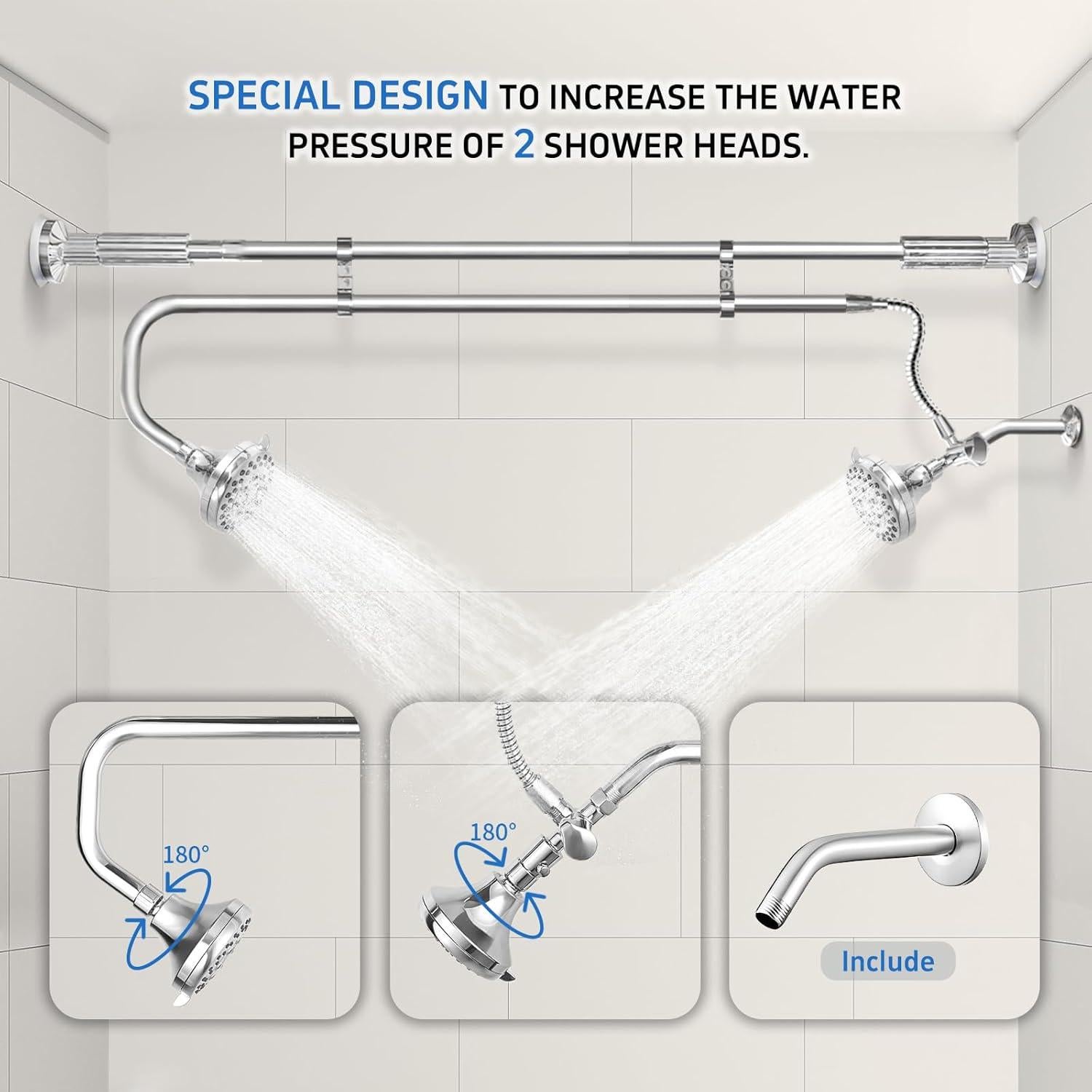 Cabezal de Ducha Doble OURBAOFU Alta Presión Ajustable Plata