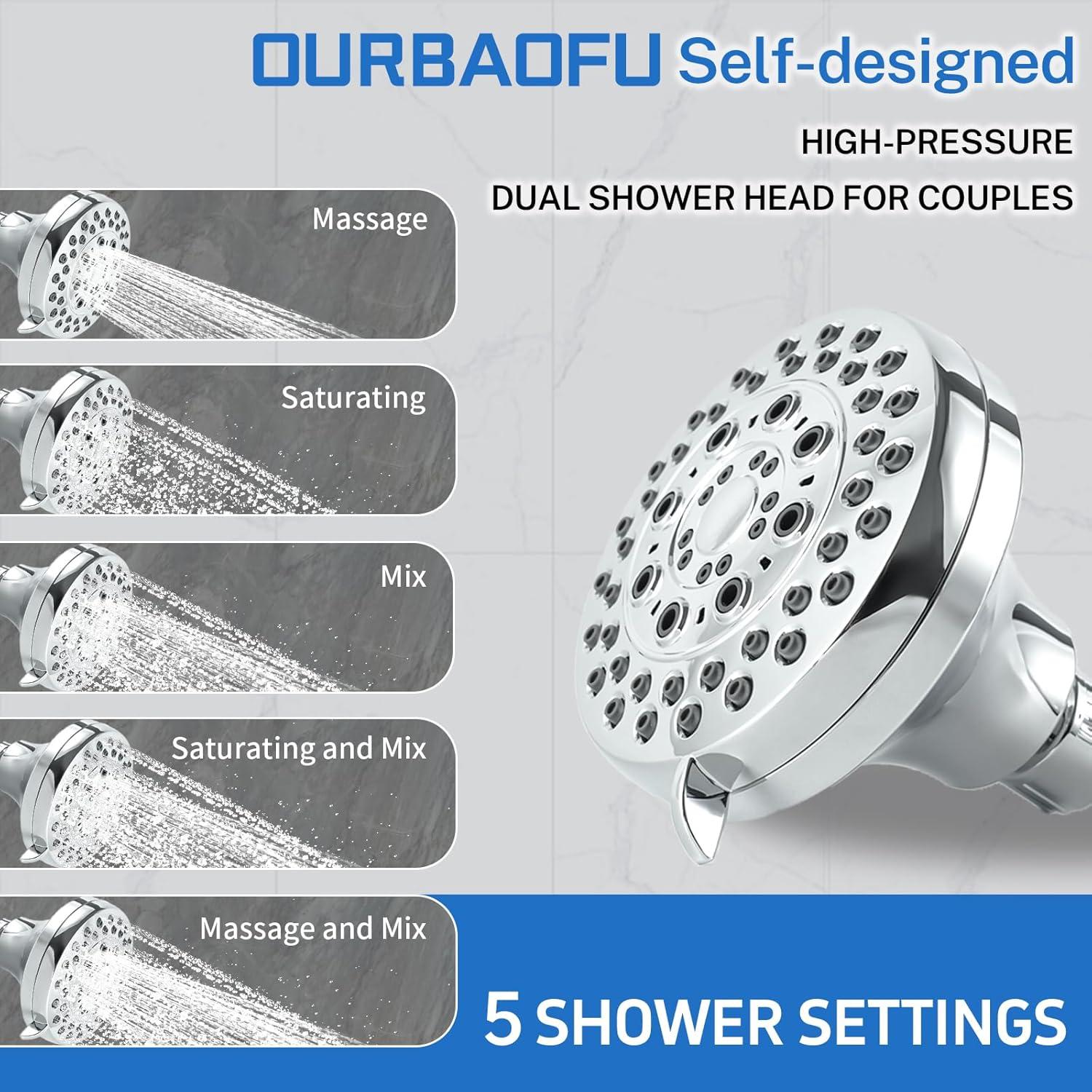 Cabezal de Ducha Doble OURBAOFU Alta Presión Ajustable Plata