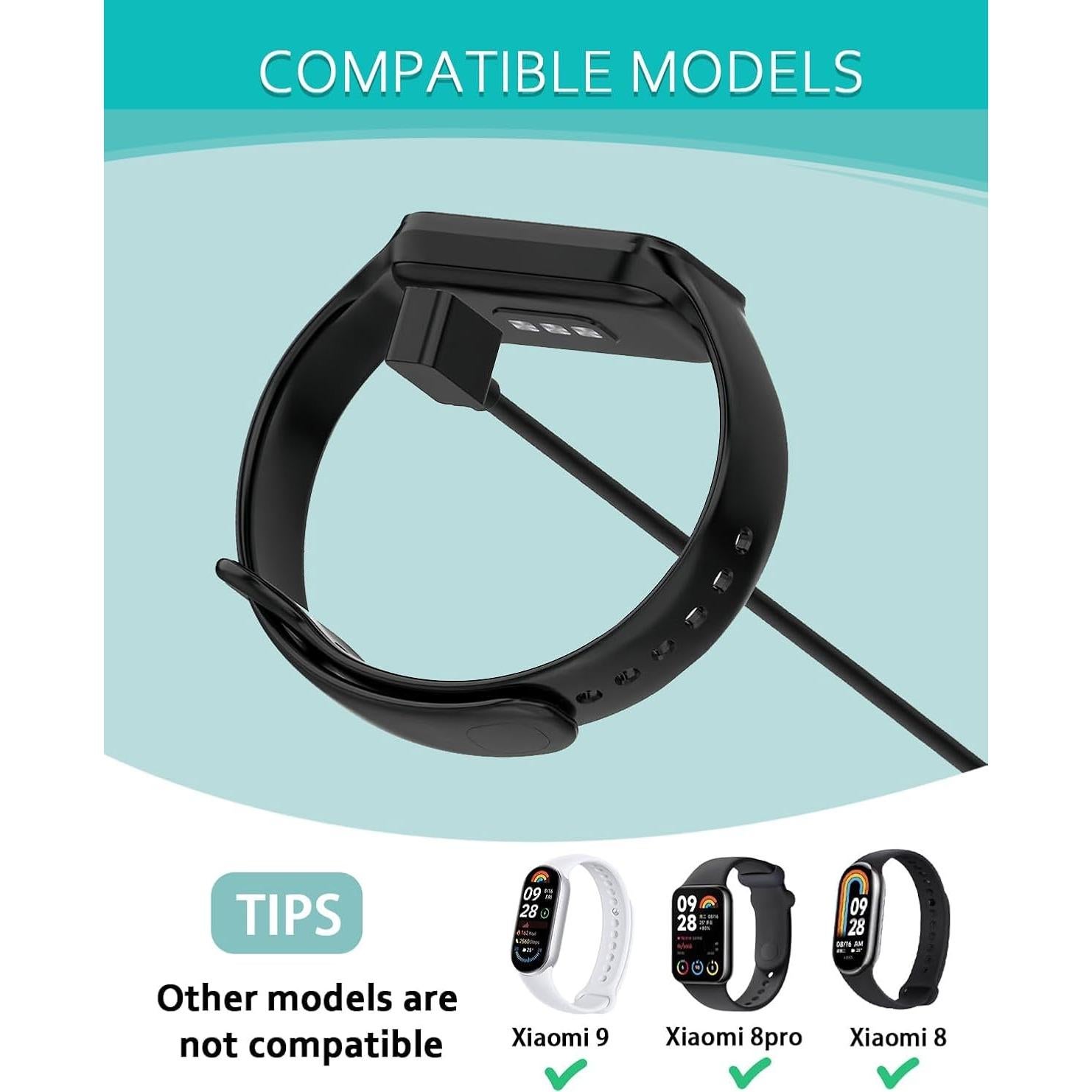 Cargador USB para Xiaomi Mi Band 8/9 - 100cm Negro
