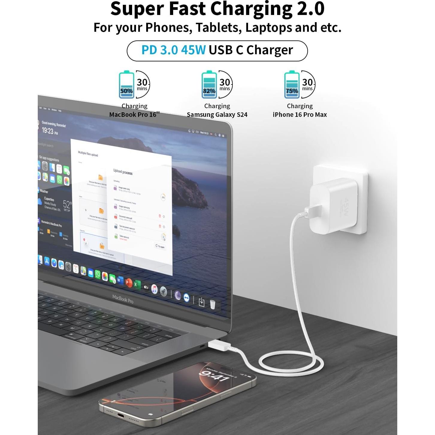 Cargador USB-C 45W Tiavalmax 2-Pack con Cable 3m para iPhone 16