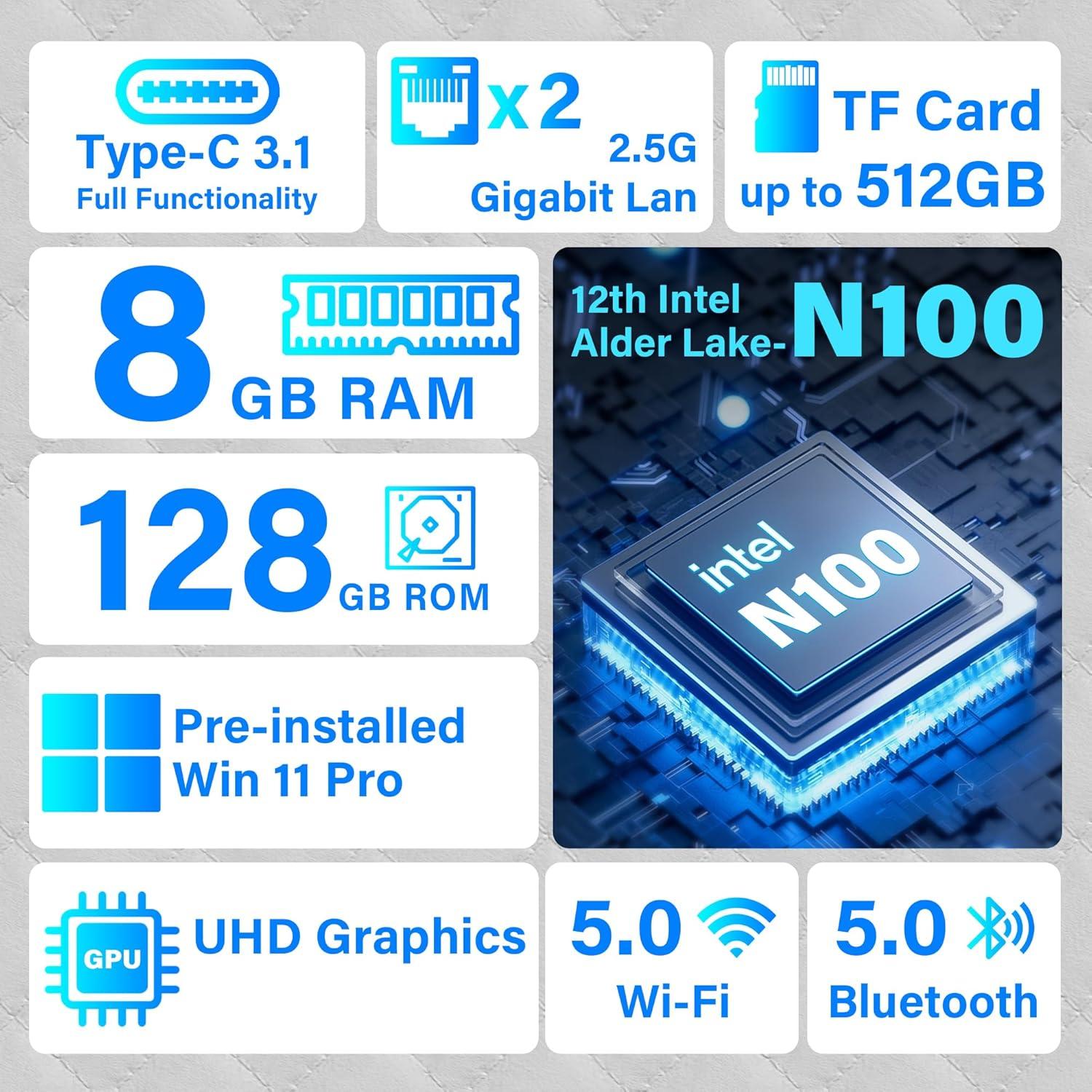 Mini PC HIGOLEPC N100 8GB RAM 128GB Win 11 Pro HDMI