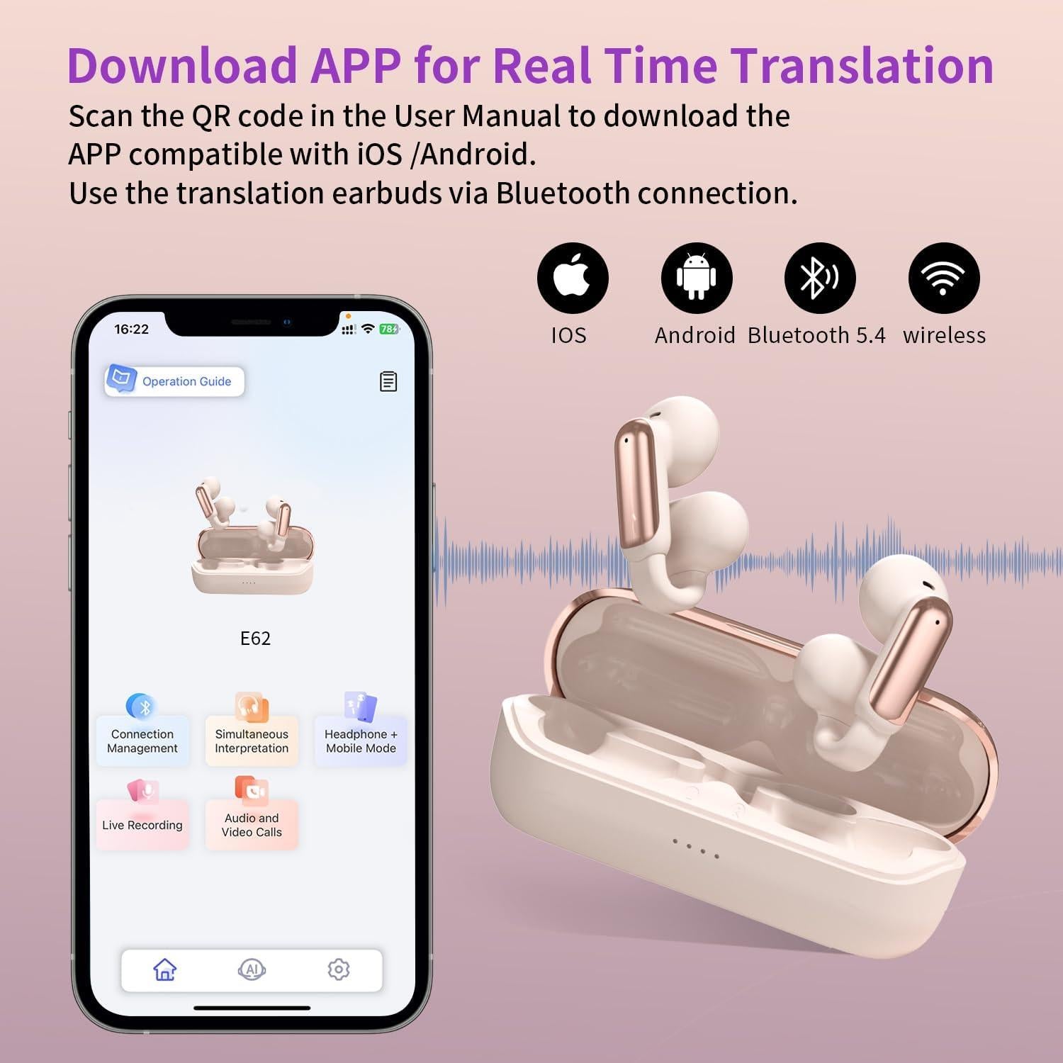 Auriculares Traductores AI Tulbeys Oro Rosa 3-en-1 Bluetooth