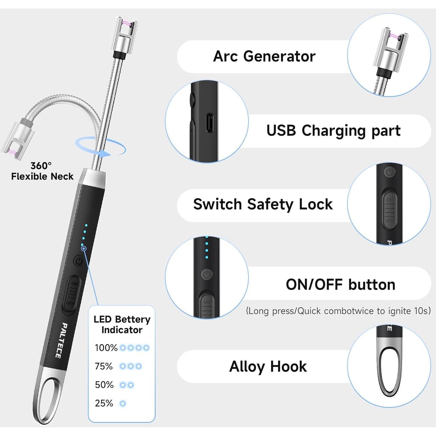 Encendedor Eléctrico PALTECE Largo Recargable USB-C 360° Negro
