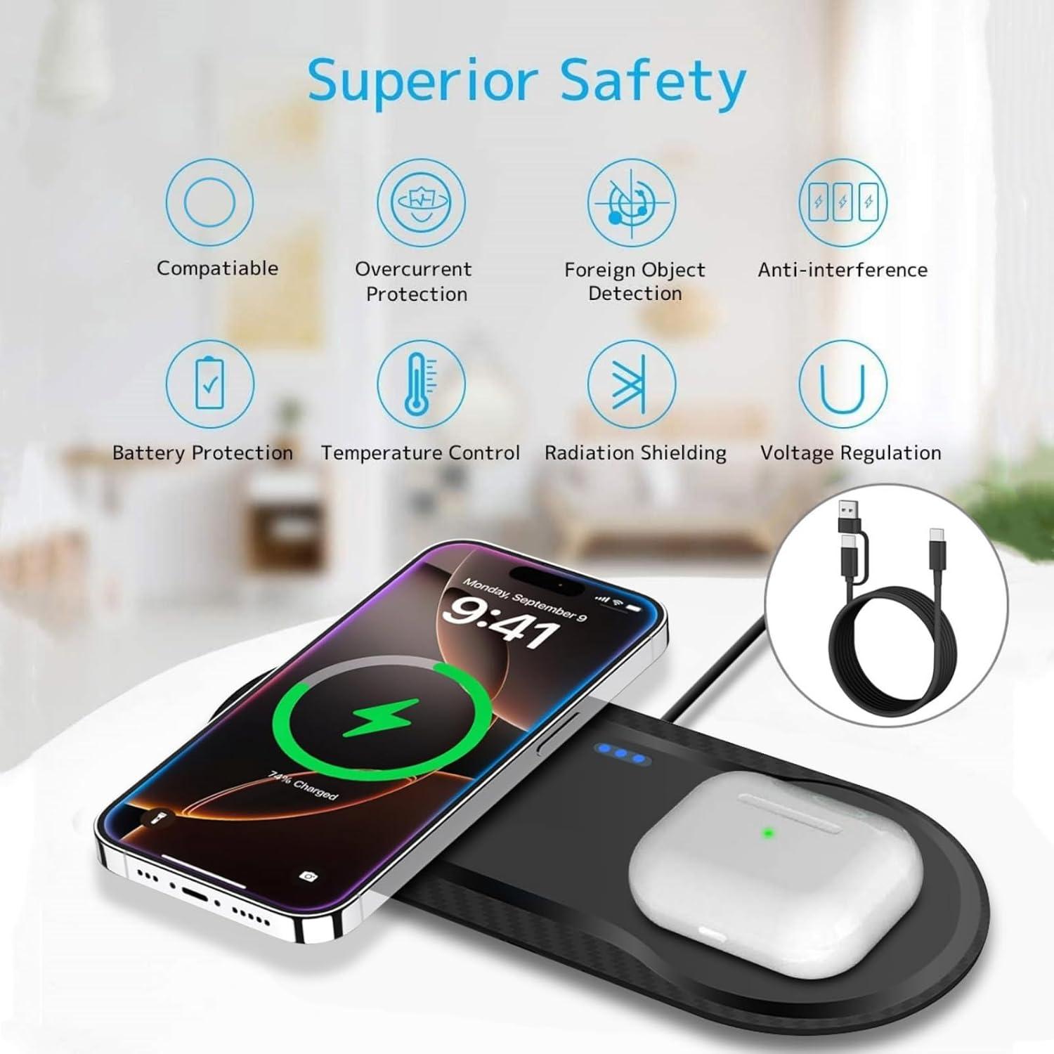 Almohadilla de Carga Inalámbrica 20W PDKUAI Doble Rápida Negro