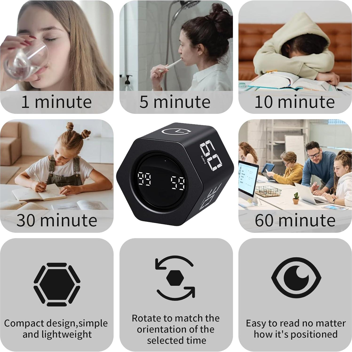 Temporizador Pomodoro LUCKYTIME Cubo Hexagonal Negro 1-60 Min