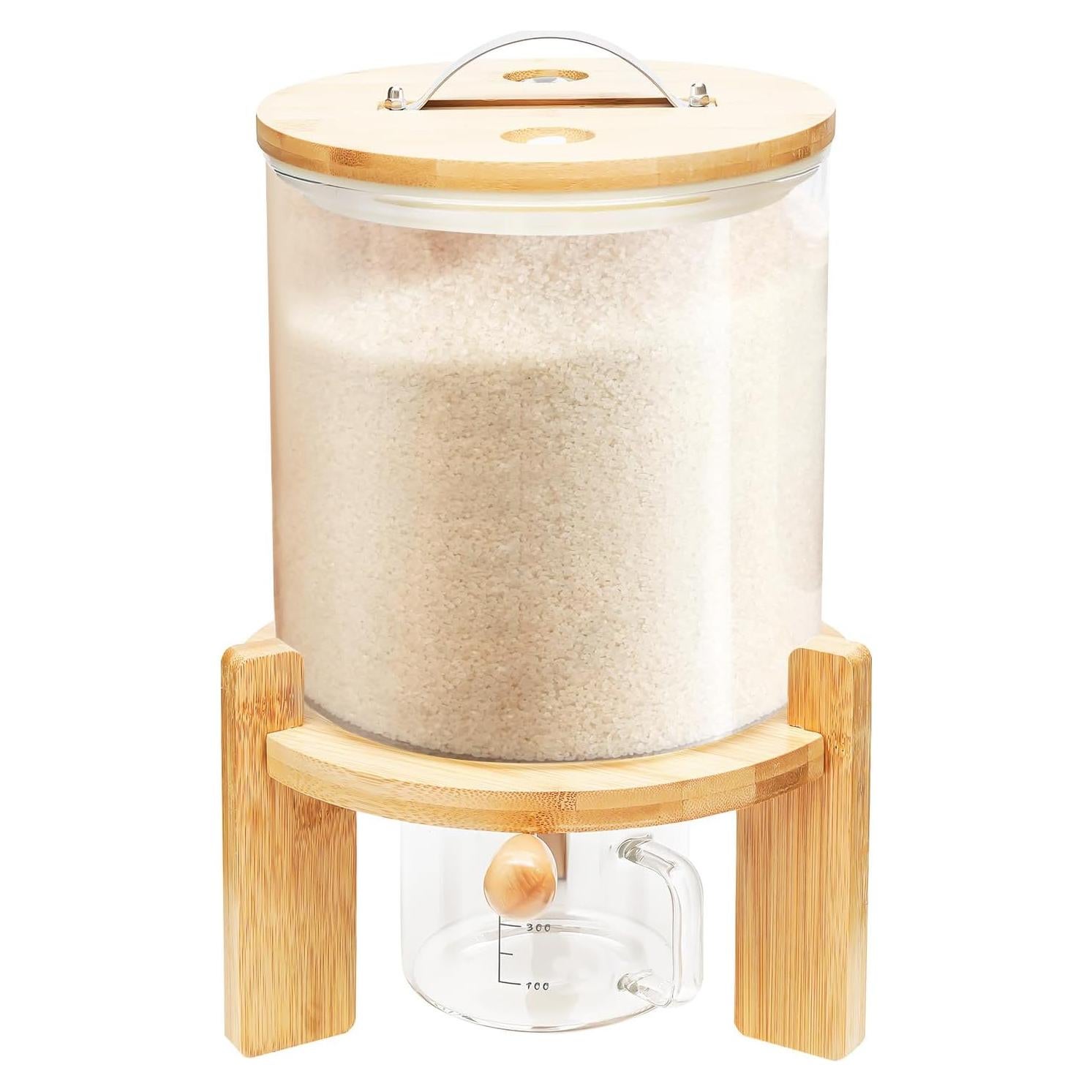 Dispensador de Arroz de Vidrio 5L con Tapa de Bambú y Soporte