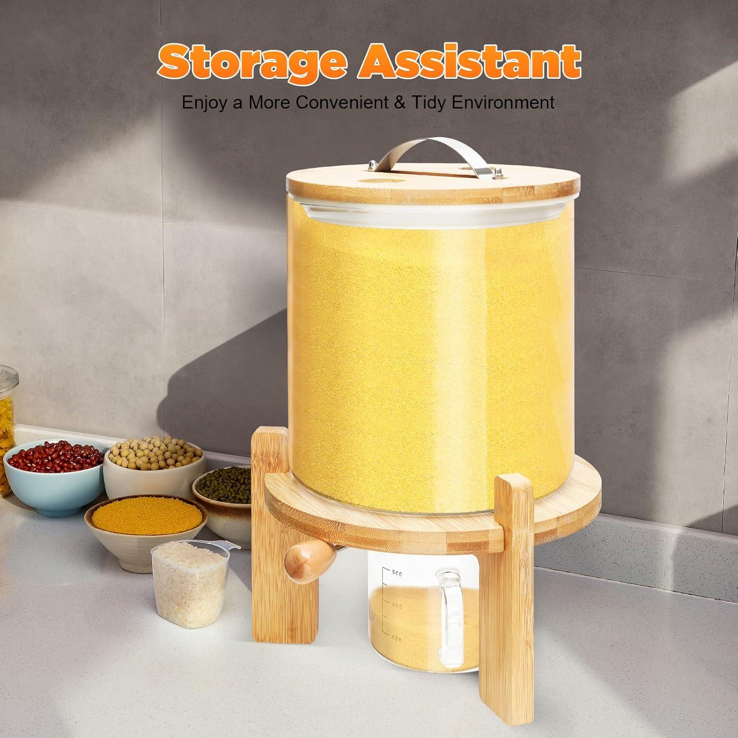 Dispensador de Arroz de Vidrio 5L con Tapa de Bambú y Soporte