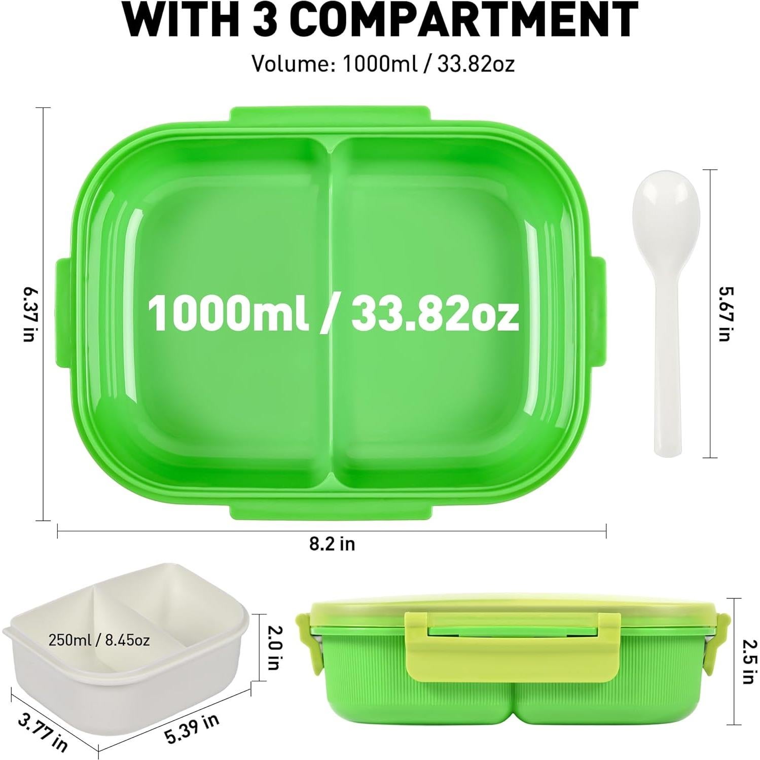 Caja Bento Verde 1000ml con Compartimentos Removibles y Utensilios