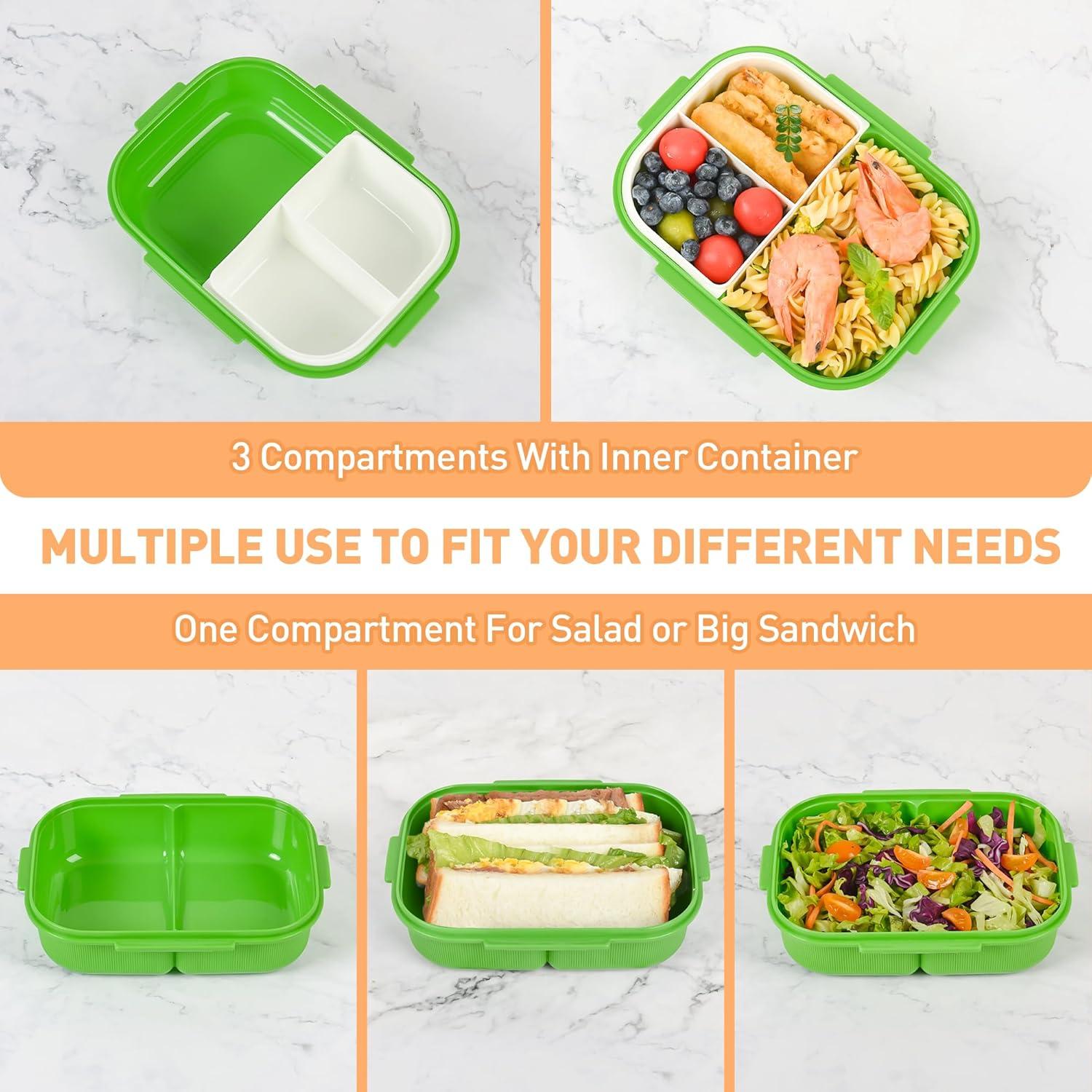 Caja Bento Verde 1000ml con Compartimentos Removibles y Utensilios