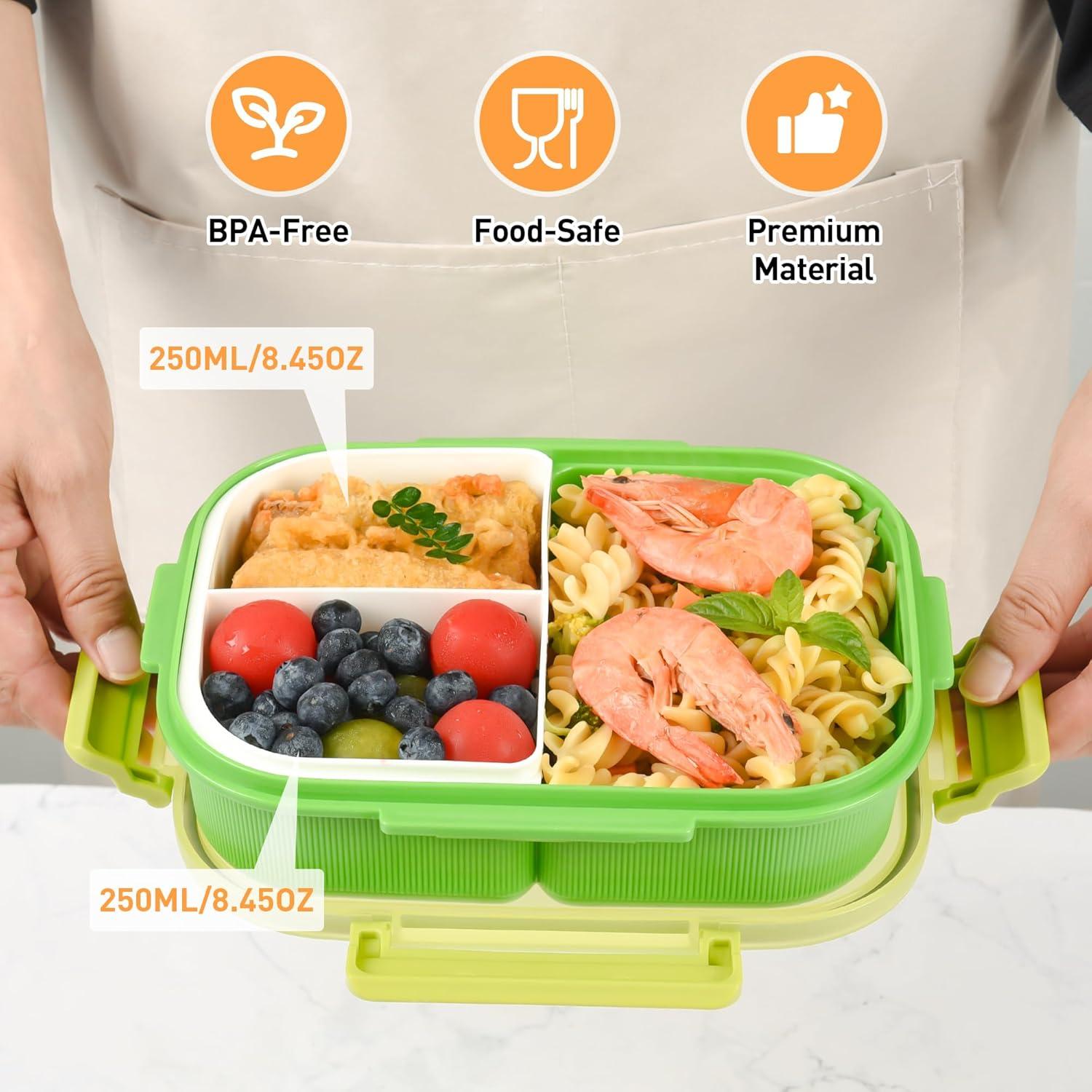 Caja Bento Verde 1000ml con Compartimentos Removibles y Utensilios