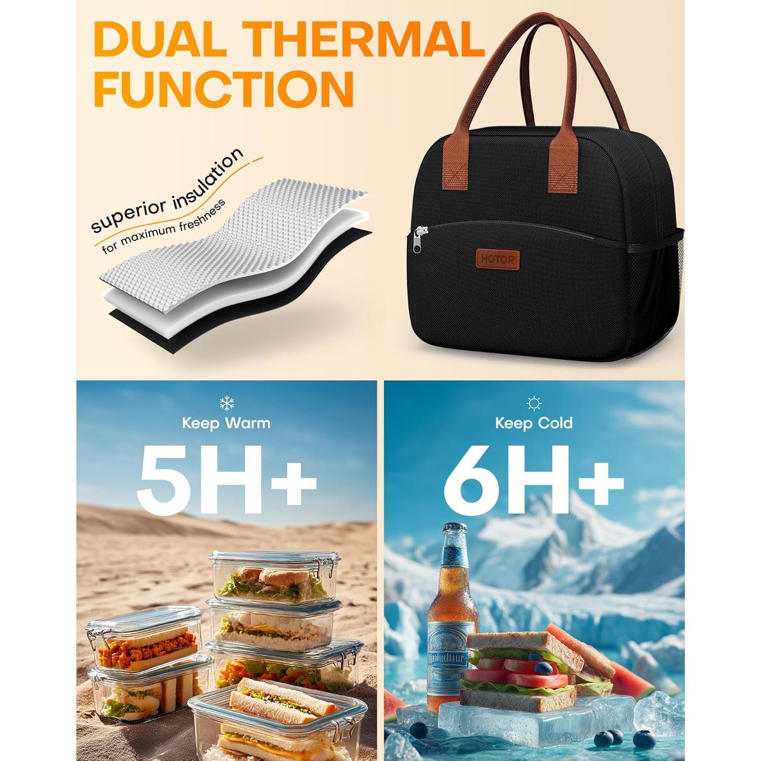 Bolsa de Almuerzo Aislada HOTOR 10L Negra - Resistente y Multifuncional