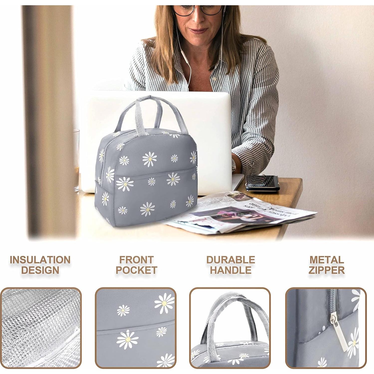 Bolsa de Almuerzo Aislada Sonuimy Gris Floral 22.86x15.24x20.07 cm