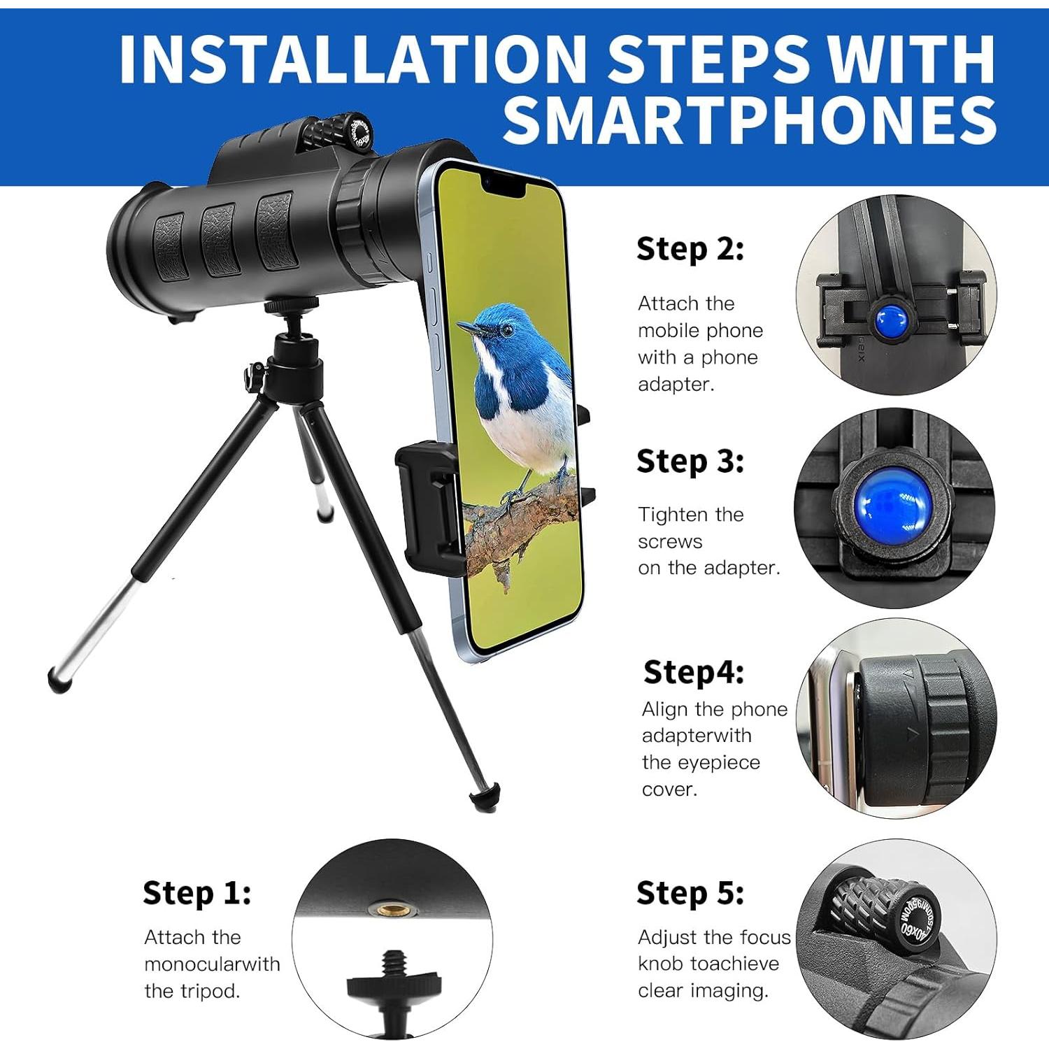 Monocular SJYuan 12x50 HD con Adaptador para Smartphone