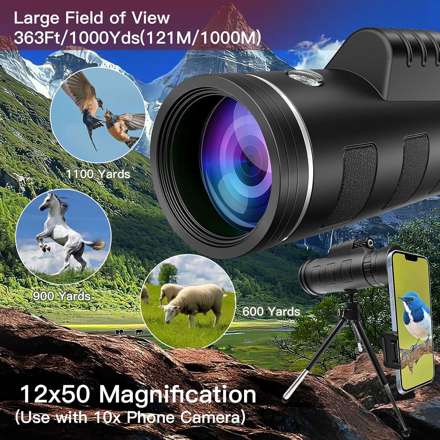 Monocular SJYuan 12x50 HD con Adaptador para Smartphone