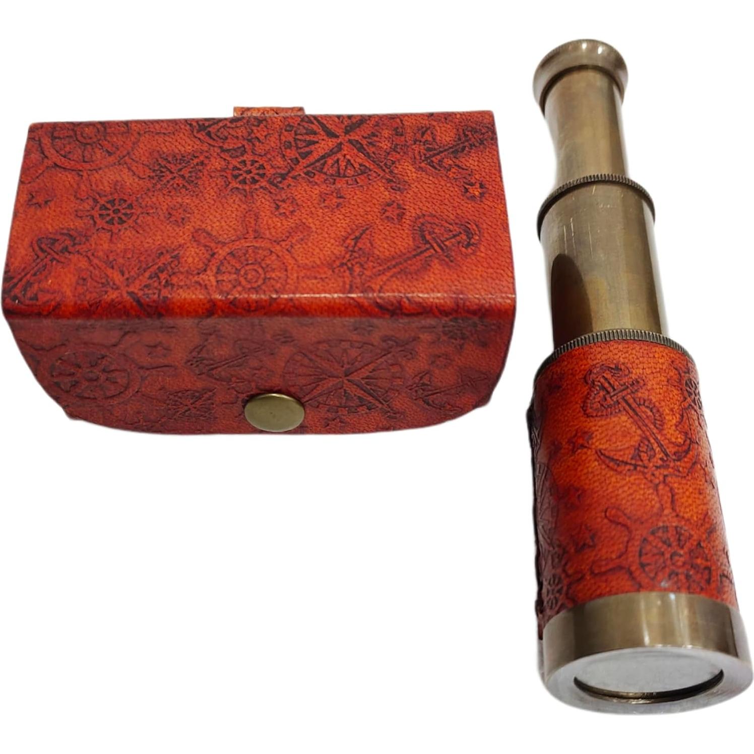 Telescopio Monocular de Bronce 15 cm con Caja de Cuero