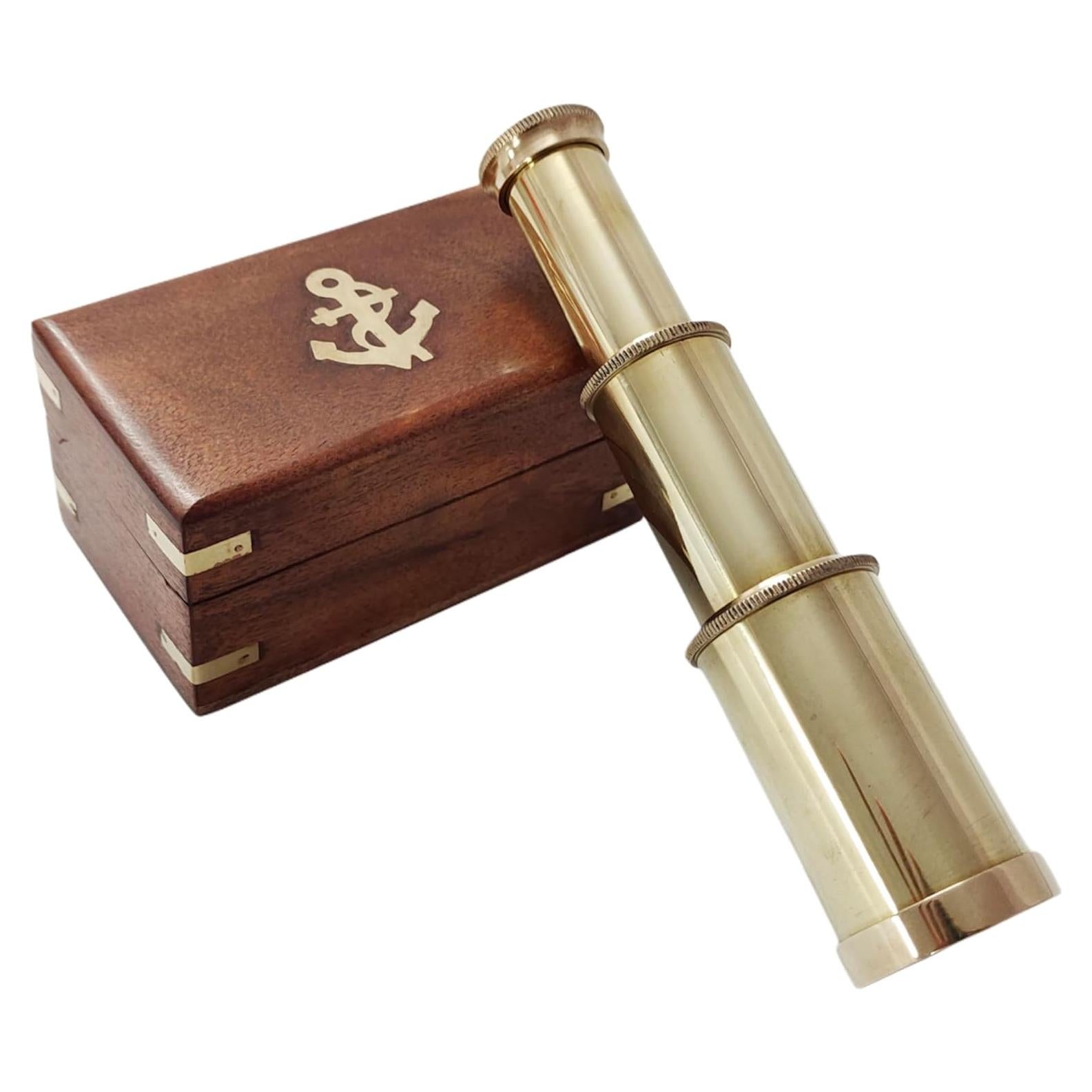 Telescopio de Mano Vintage Bronce 15 cm con Caja de Madera