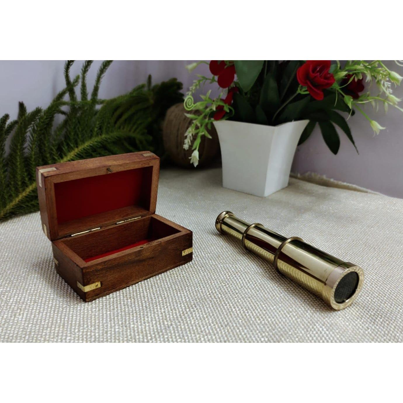 Telescopio de Mano Vintage Bronce 15 cm con Caja de Madera