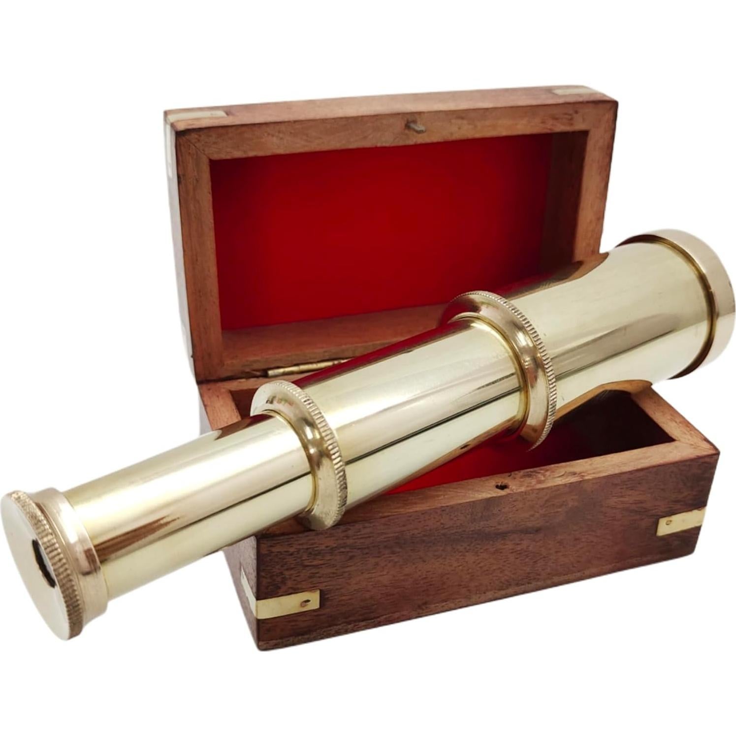 Telescopio de Mano Vintage Bronce 15 cm con Caja de Madera