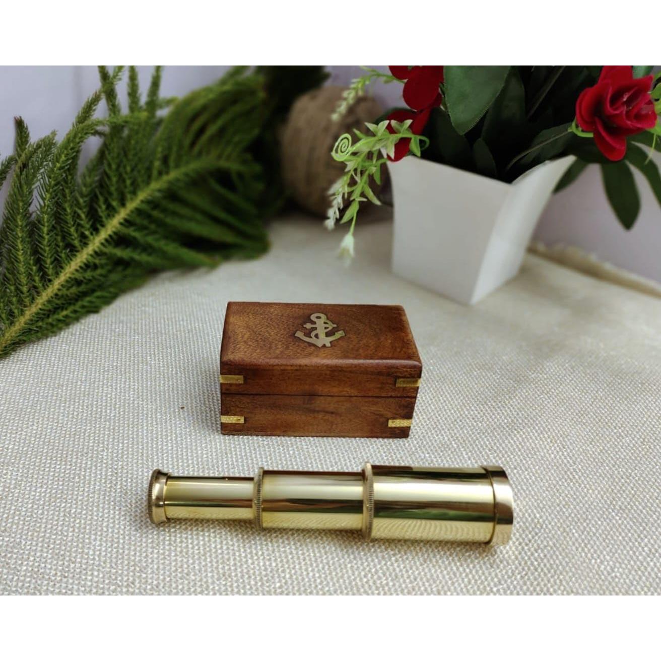 Telescopio de Mano Vintage Bronce 15 cm con Caja de Madera