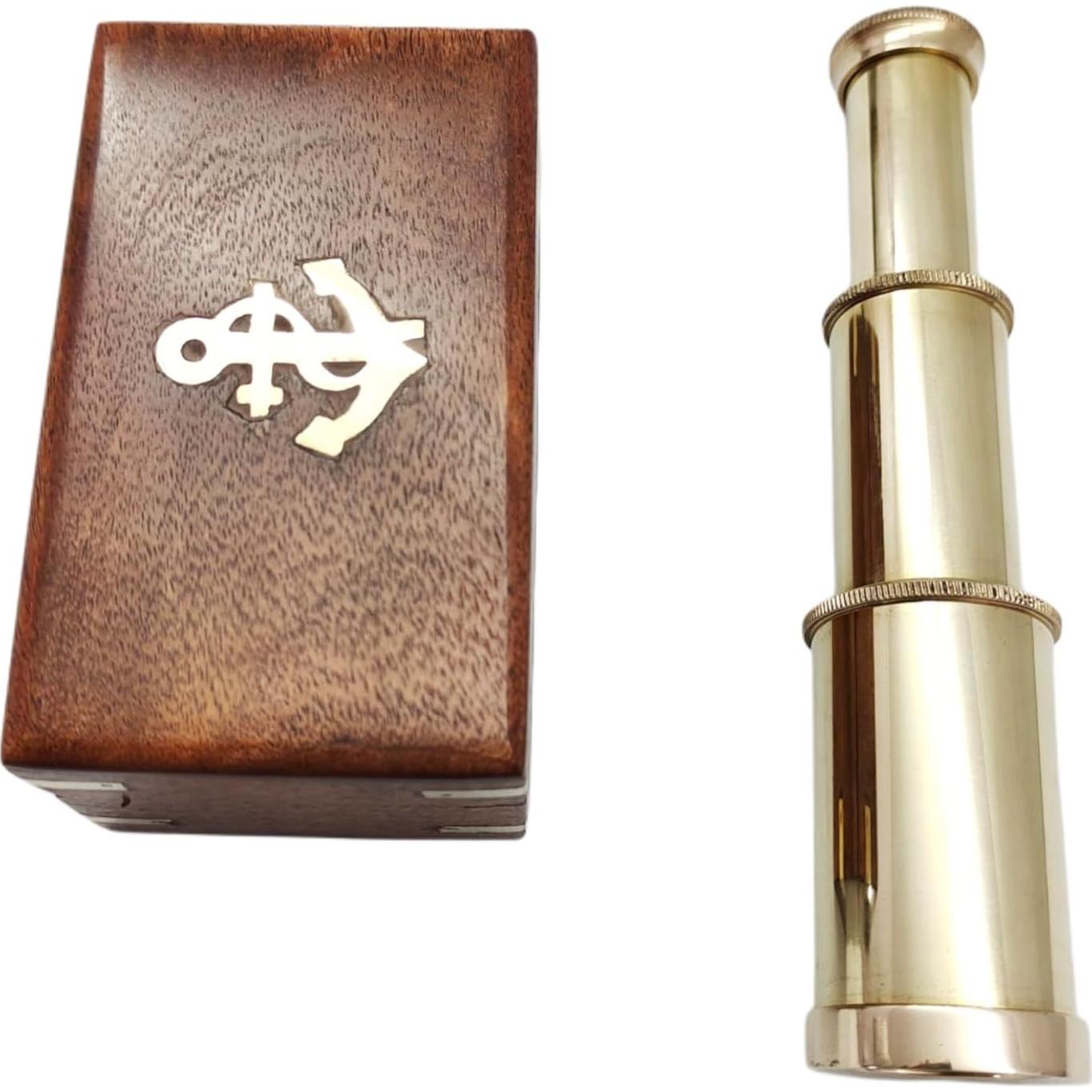 Telescopio de Mano Vintage Bronce 15 cm con Caja de Madera