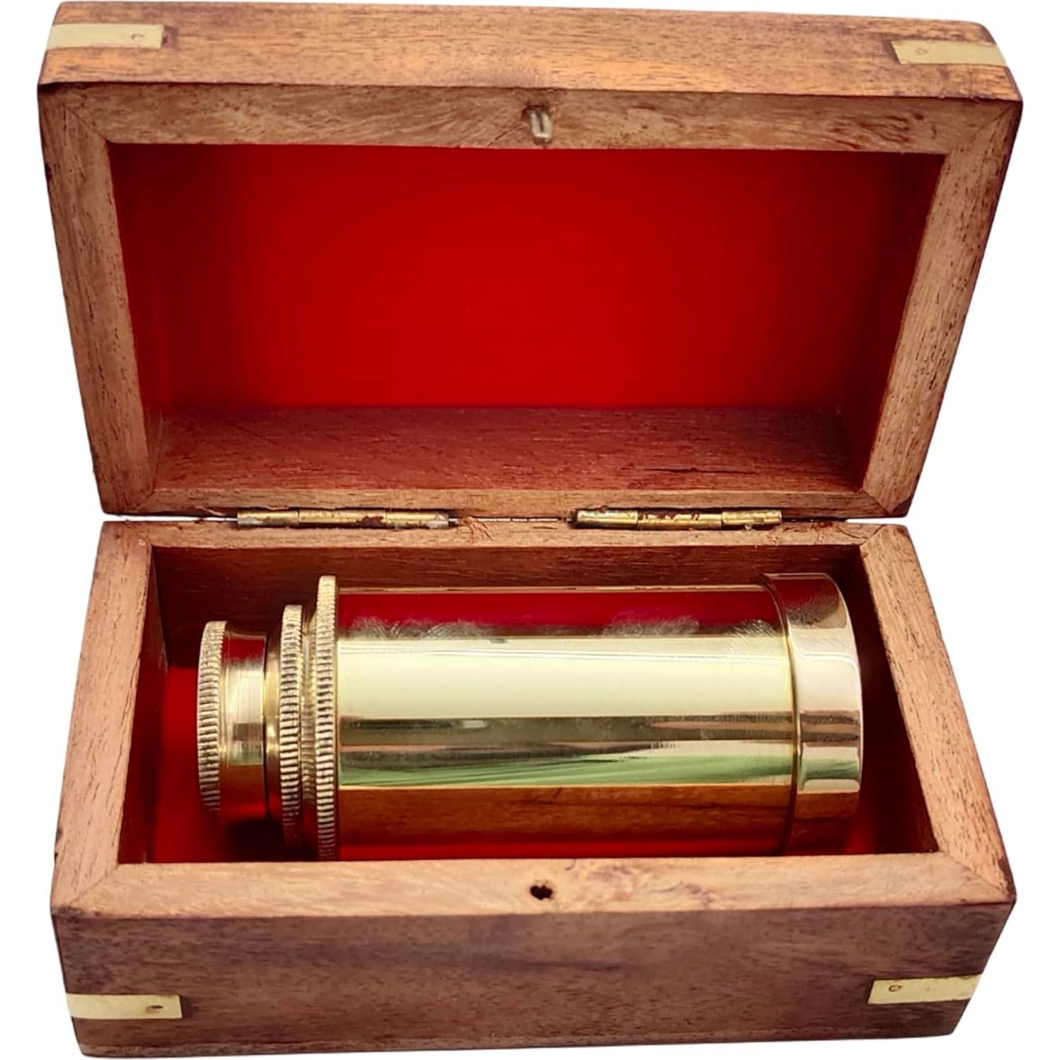 Telescopio de Mano Vintage Bronce 15 cm con Caja de Madera