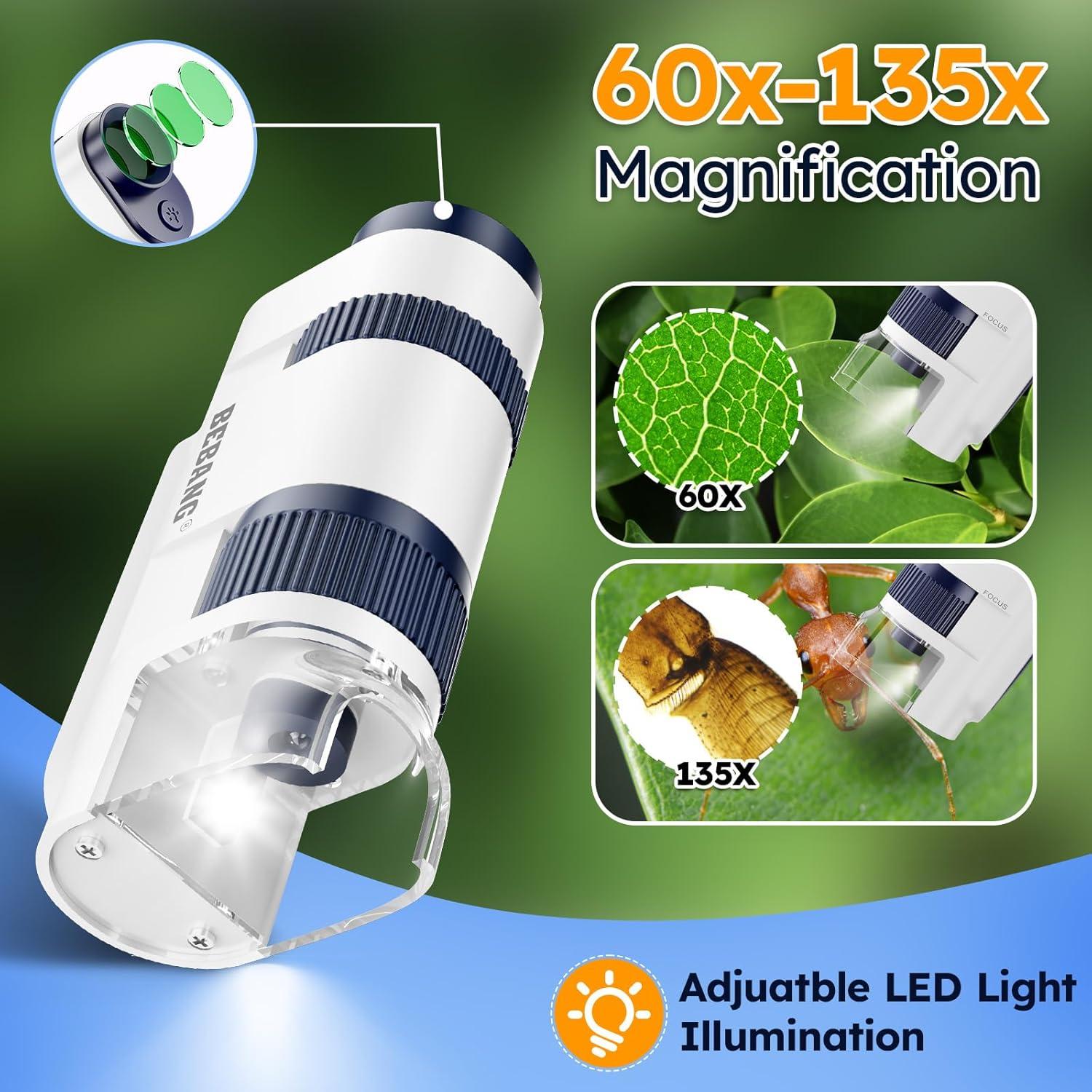 Microscopio de bolsillo BEBANG 135x con luz LED y 5 portaobjetos
