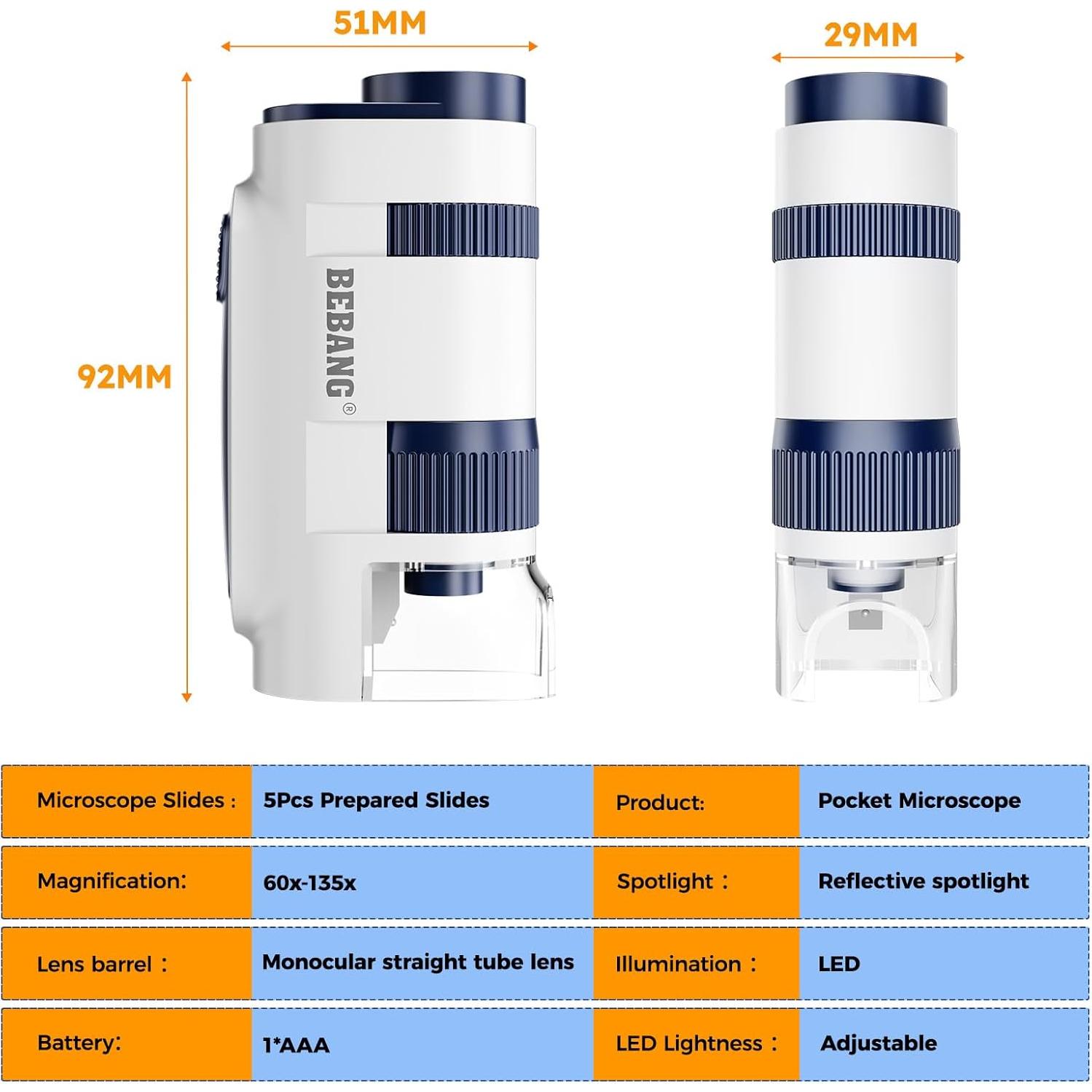 Microscopio de bolsillo BEBANG 135x con luz LED y 5 portaobjetos