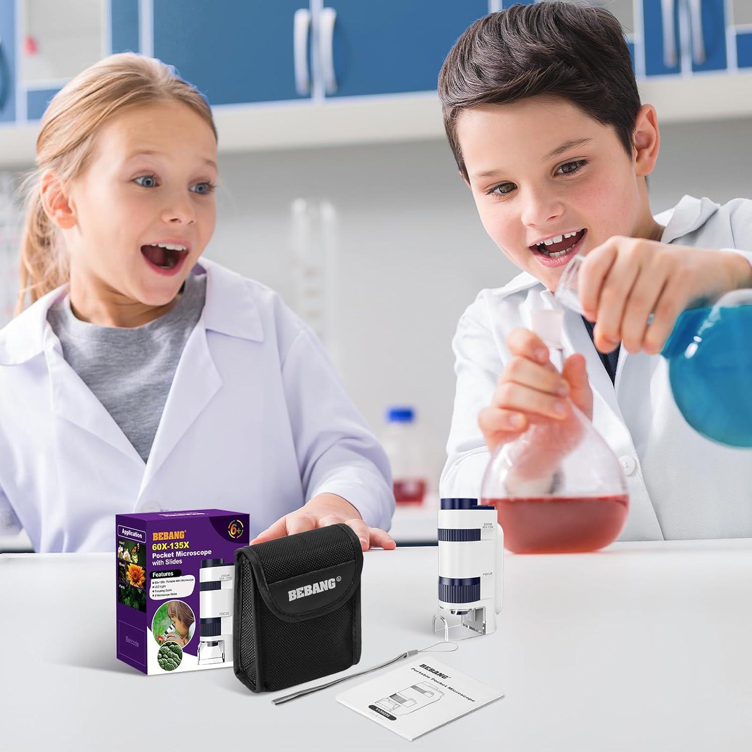 Microscopio de bolsillo BEBANG 135x con luz LED y 5 portaobjetos