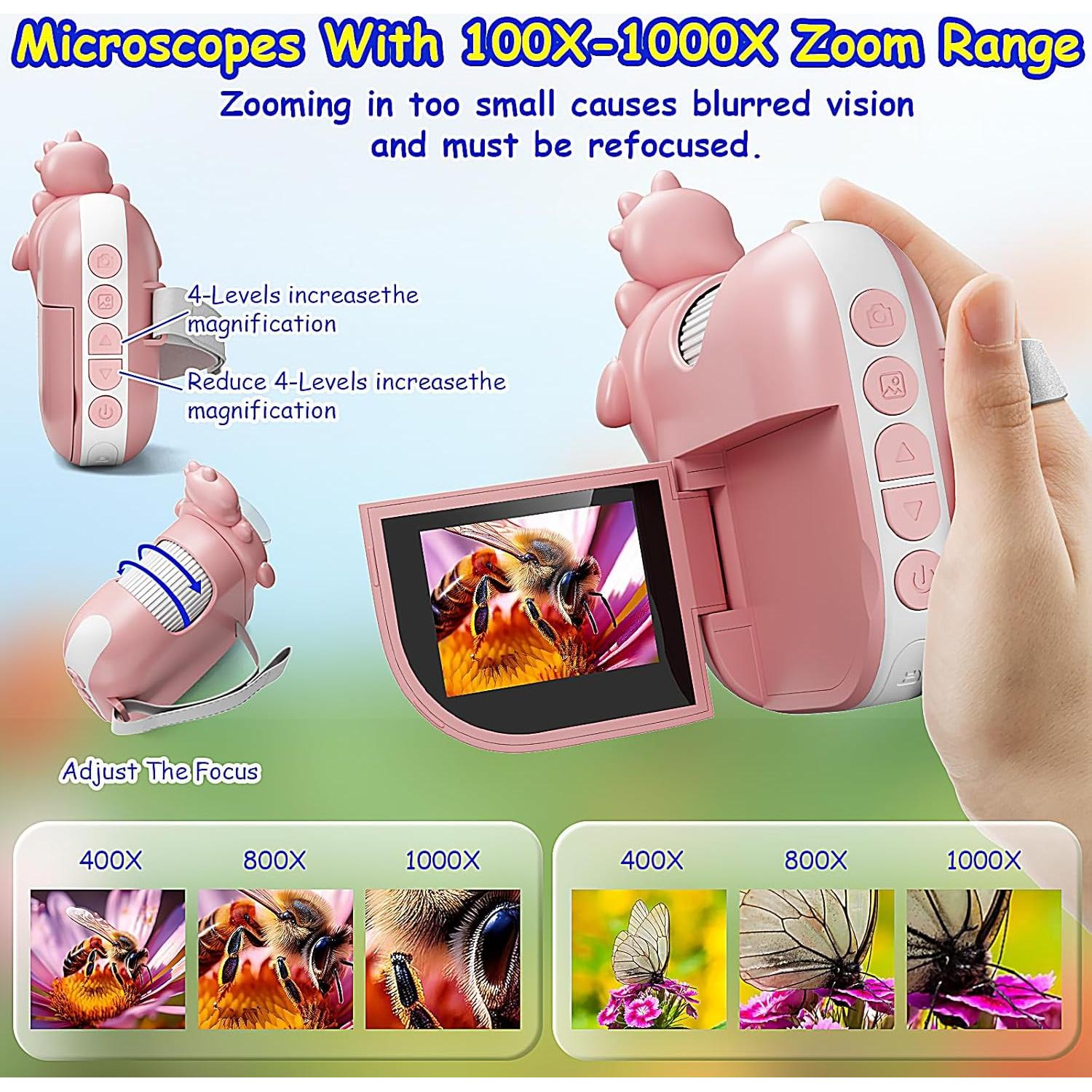 Microscopio de Mano Pozifu 1000X Aumento Pantalla HD 2" Rosa