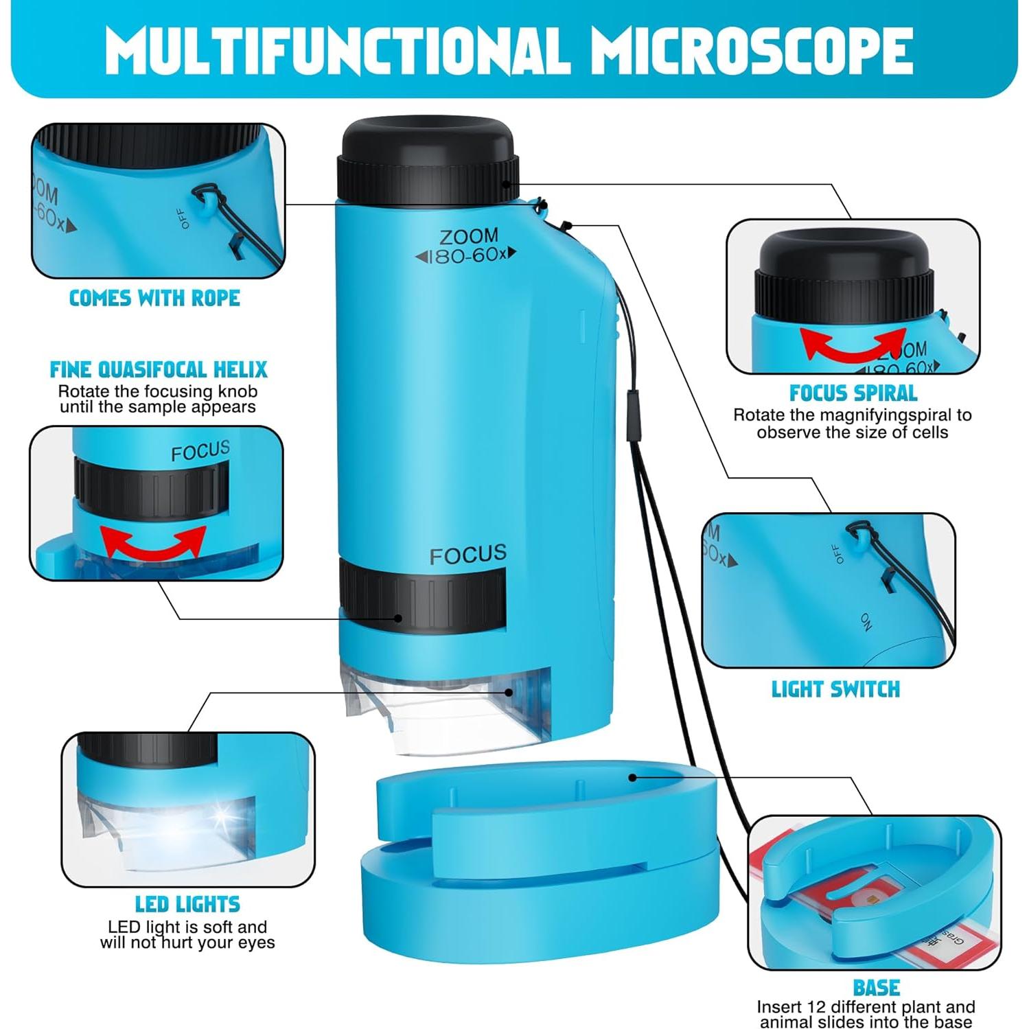 Microscopio Portátil CUKU para Niños 60x-180x con 12 Diapositivas
