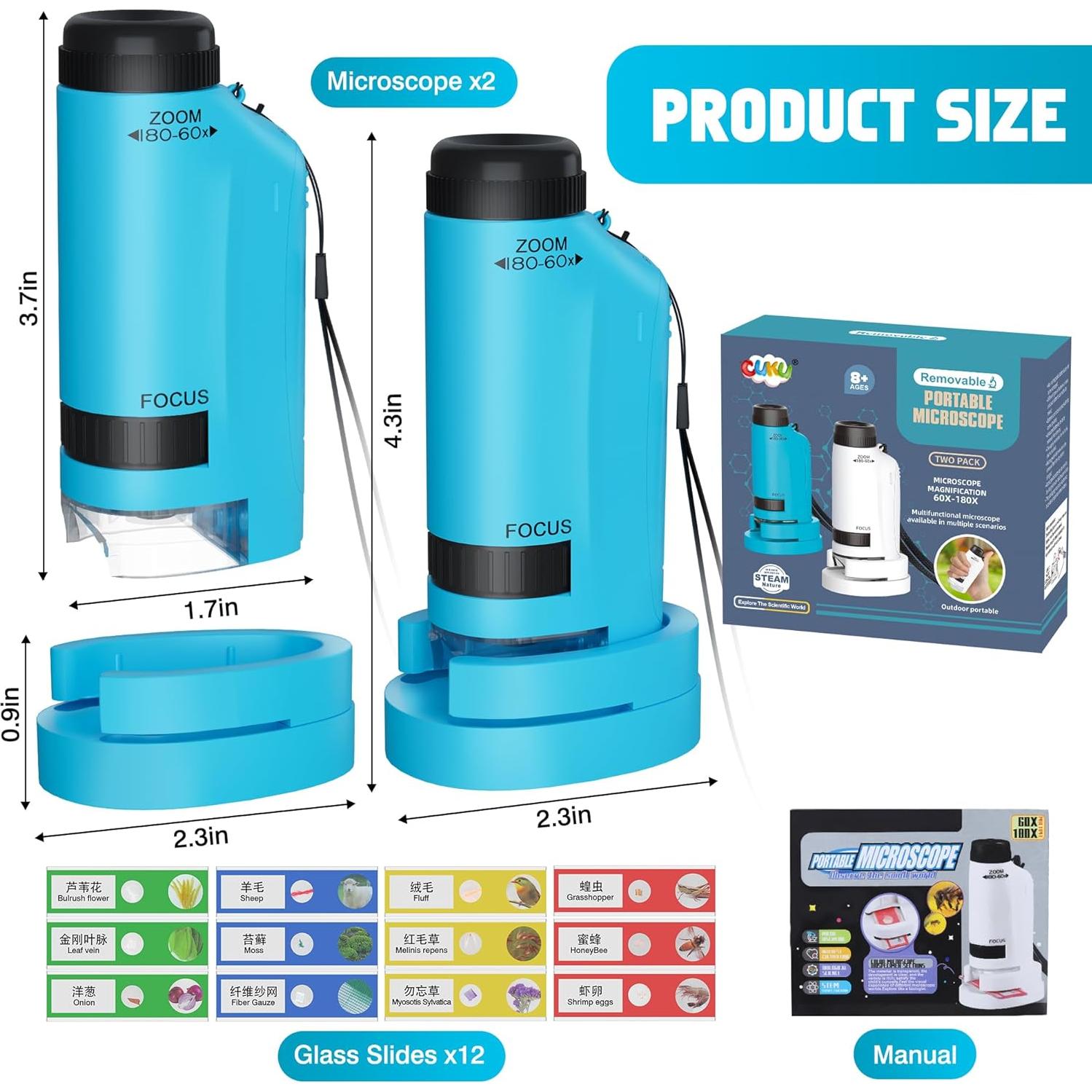 Microscopio Portátil CUKU para Niños 60x-180x con 12 Diapositivas