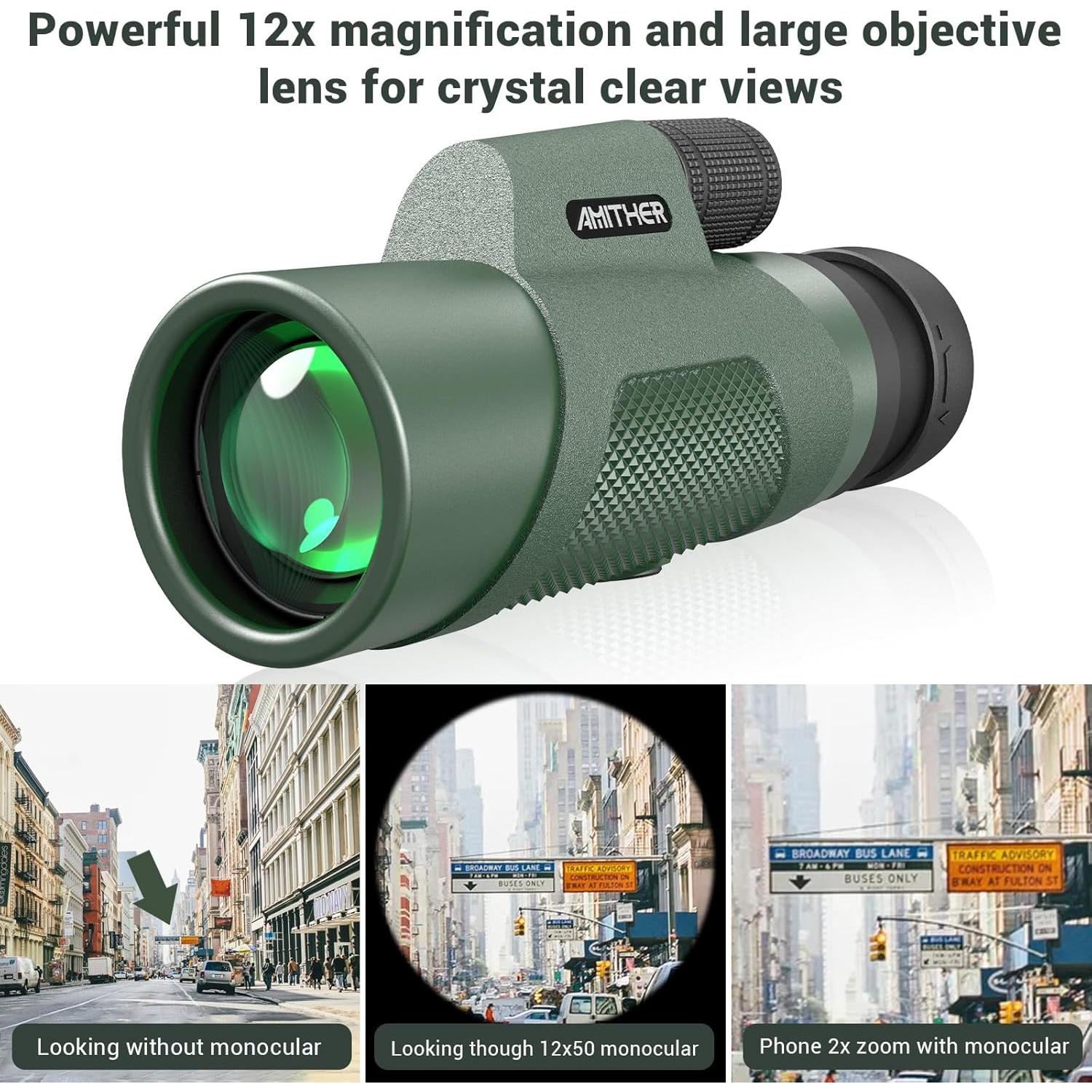 Telescopio Monocular 12x50 AMITHER HD Compacto para Smartphone