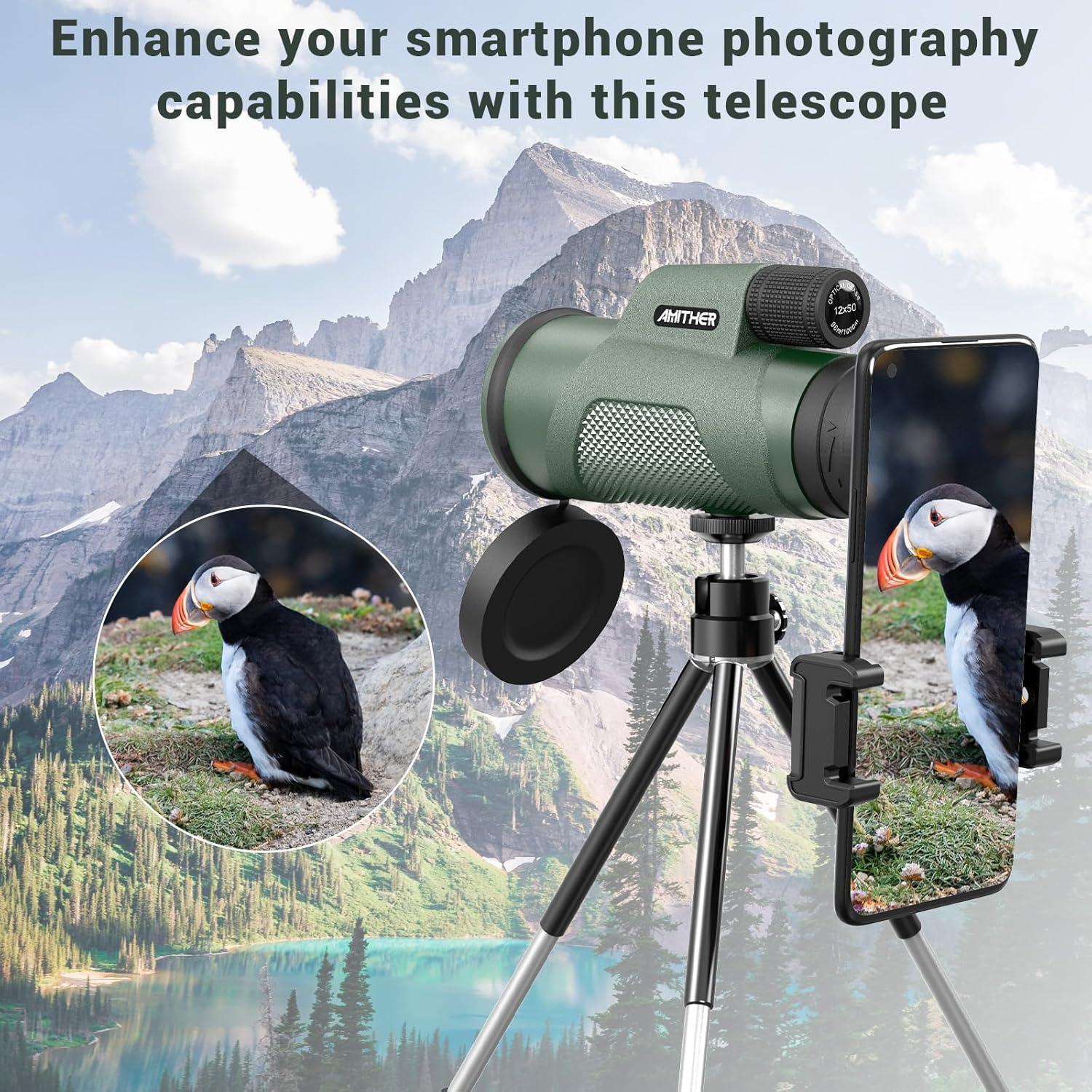 Telescopio Monocular 12x50 AMITHER HD Compacto para Smartphone
