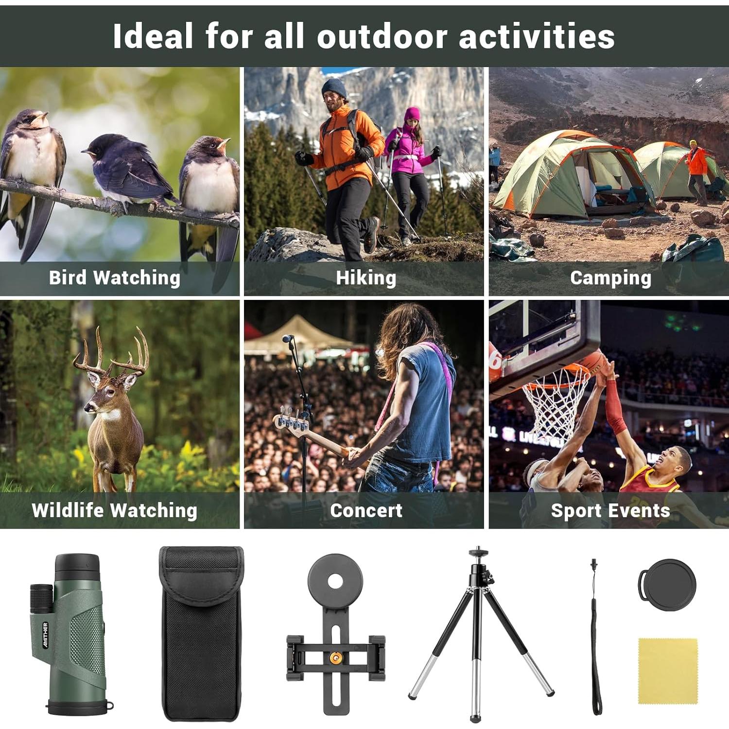 Telescopio Monocular 12x50 AMITHER HD Compacto para Smartphone