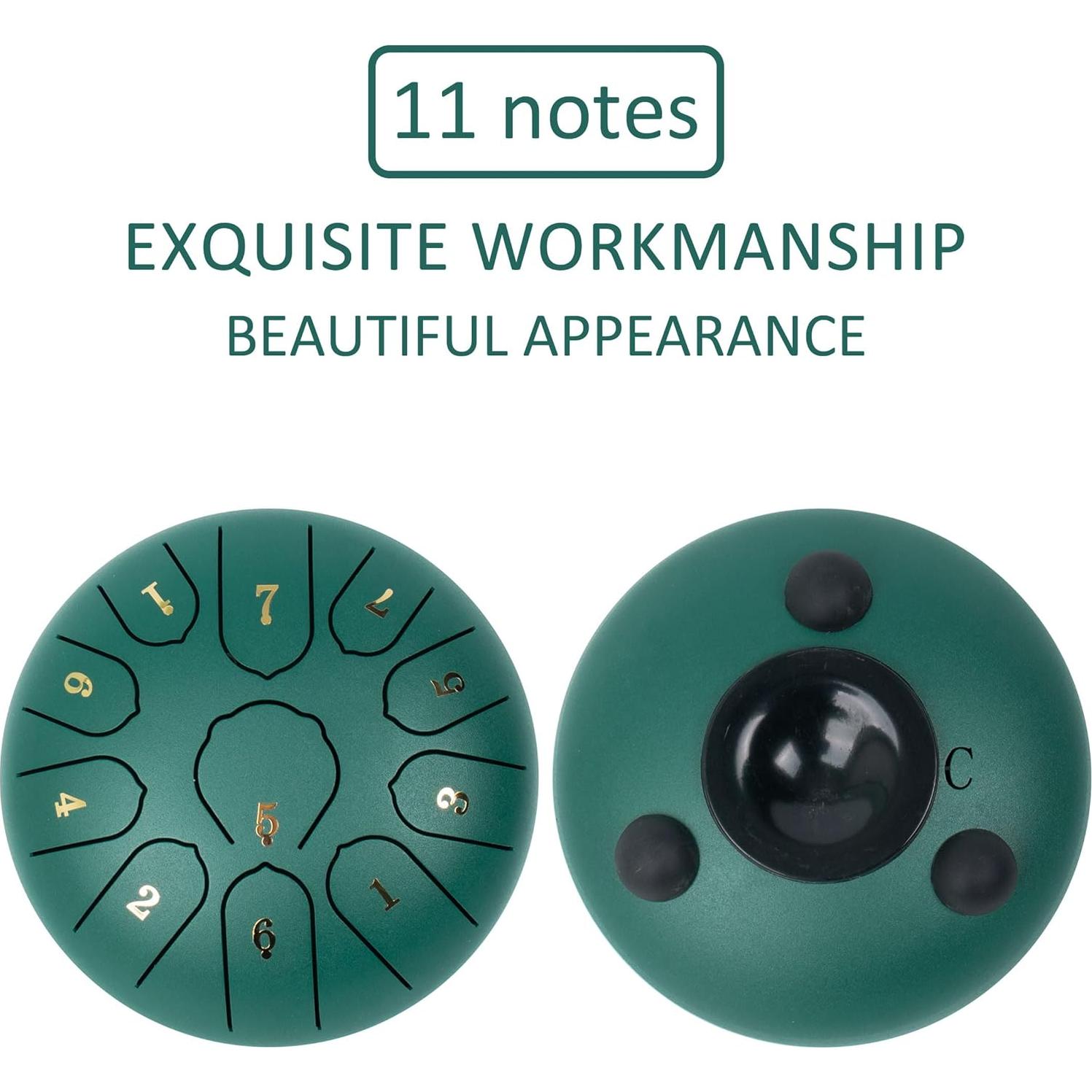 Tambor de Lengua de Acero 15 cm 11 Notas Verde - Instrumento de Meditación