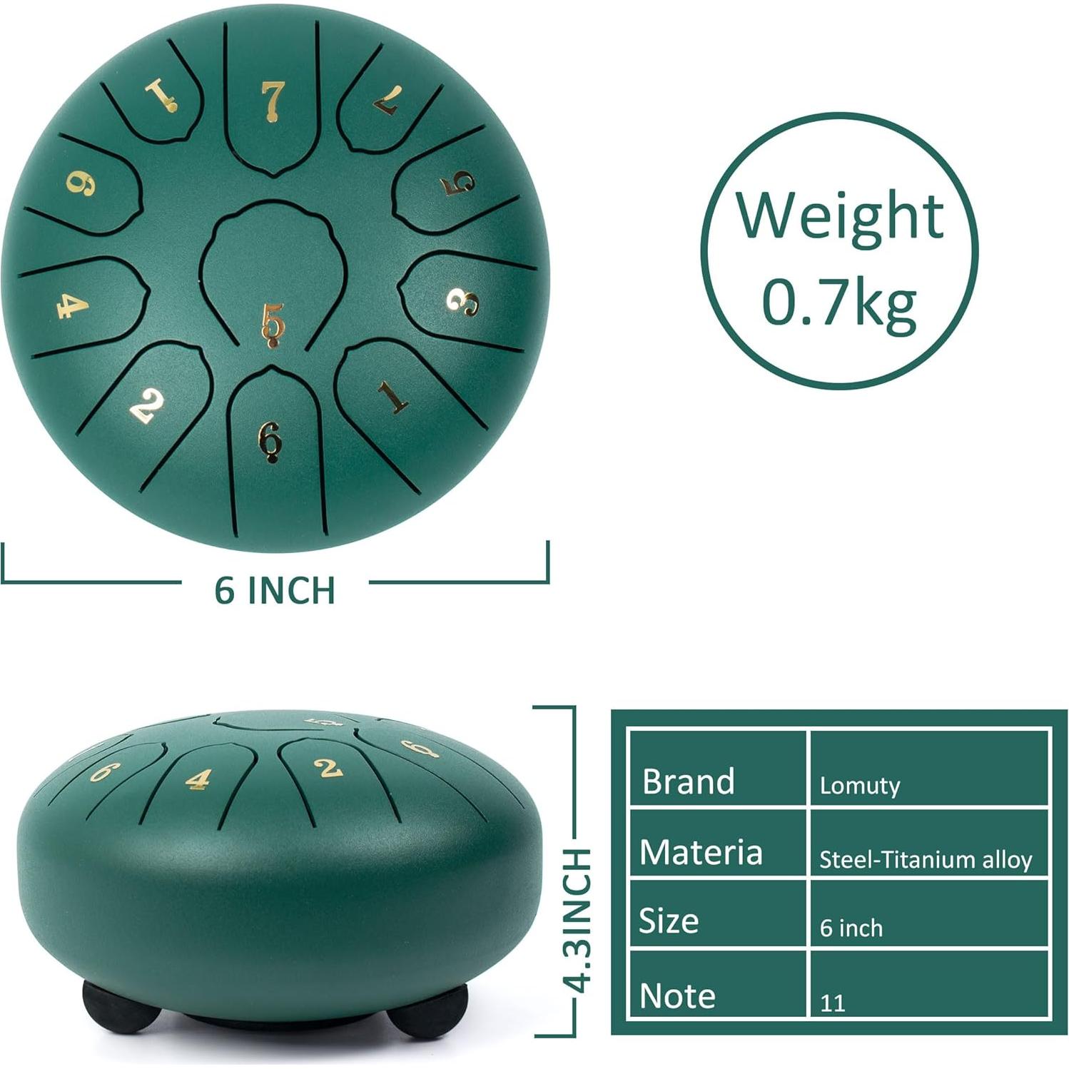 Tambor de Lengua de Acero 15 cm 11 Notas Verde - Instrumento de Meditación