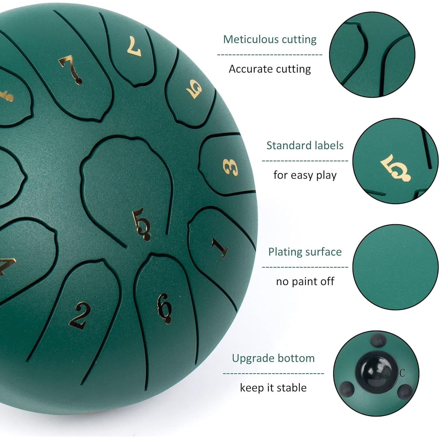 Tambor de Lengua de Acero 15 cm 11 Notas Verde - Instrumento de Meditación