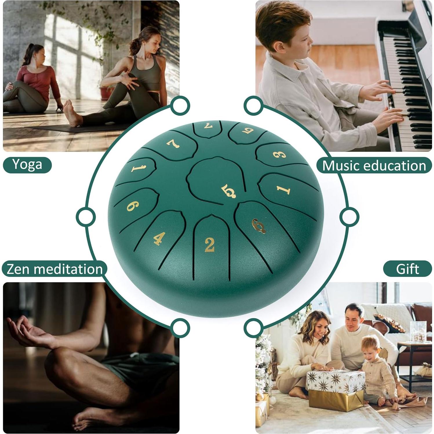 Tambor de Lengua de Acero 15 cm 11 Notas Verde - Instrumento de Meditación