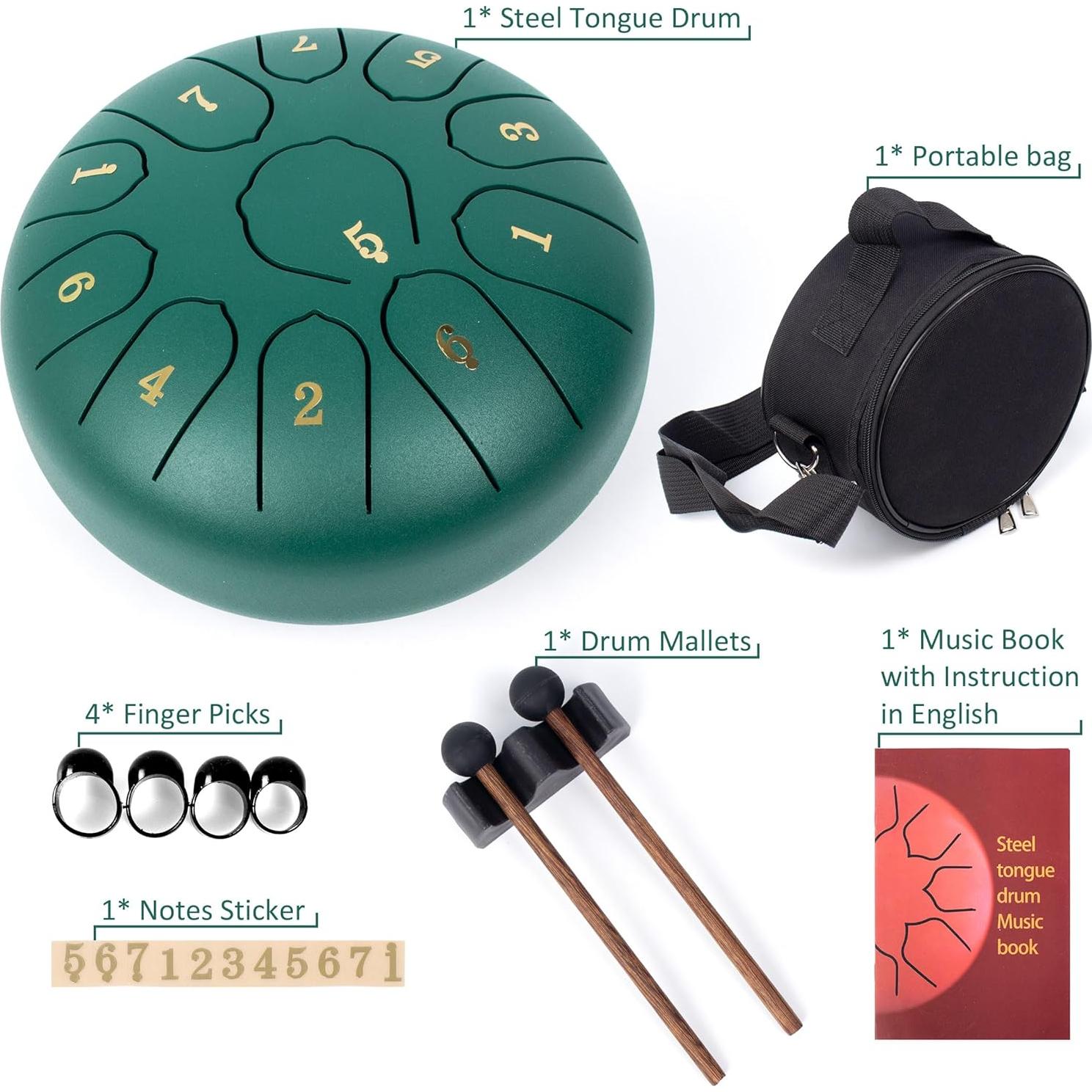 Tambor de Lengua de Acero 15 cm 11 Notas Verde - Instrumento de Meditación
