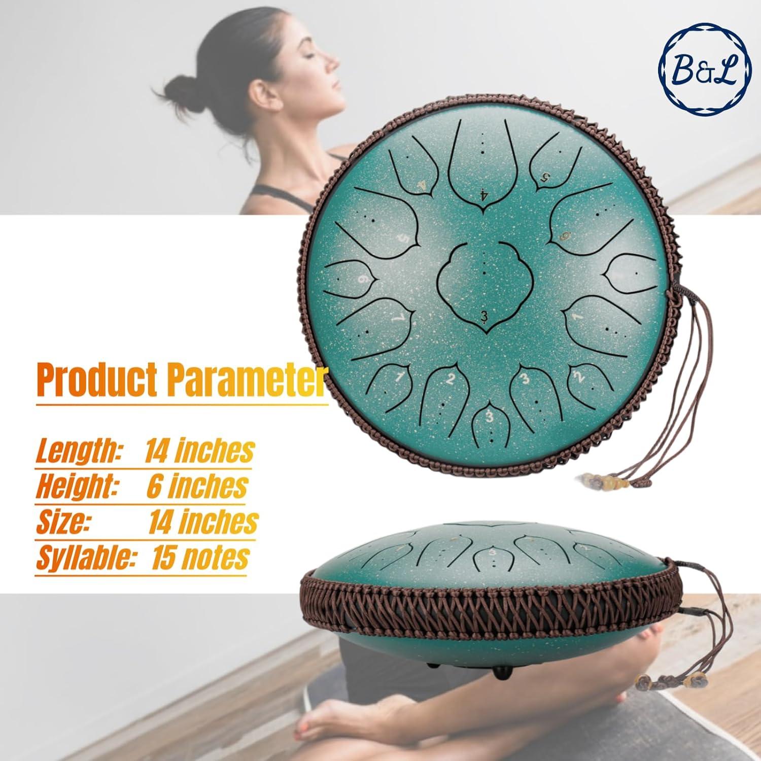 Tambor de Lengua de Acero 35.56 cm 15 Notas BURNING&LIN Verde